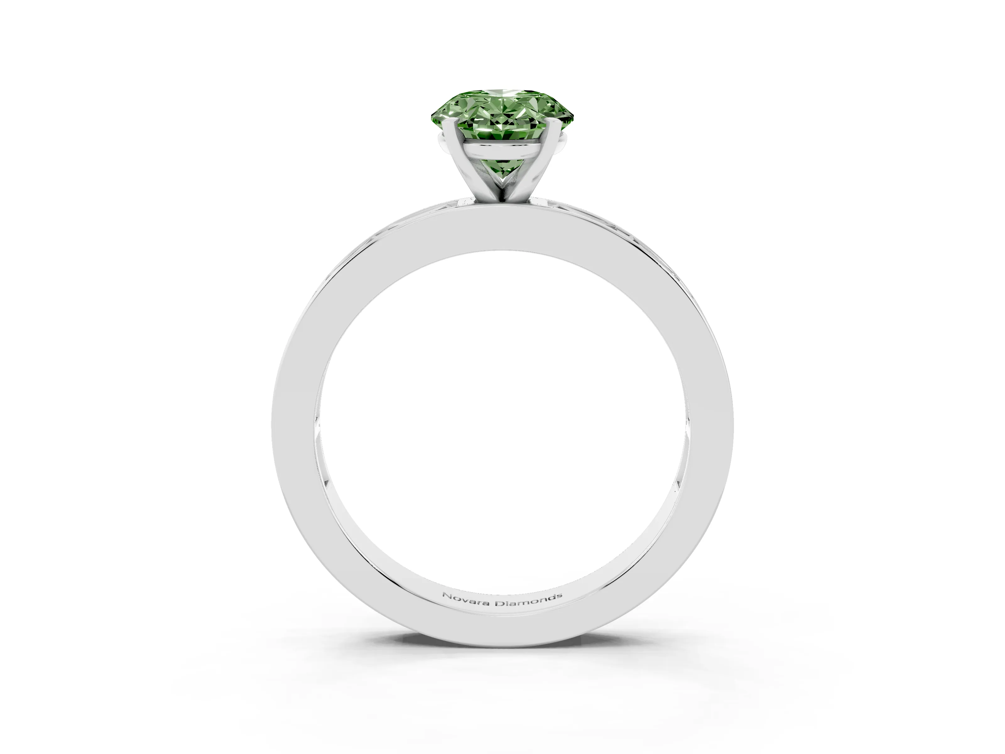 Fancy Green Oval Cut Diamond Solitaire Ring Set in Platinum with Channel-Set Baguette Band and Prong Setting