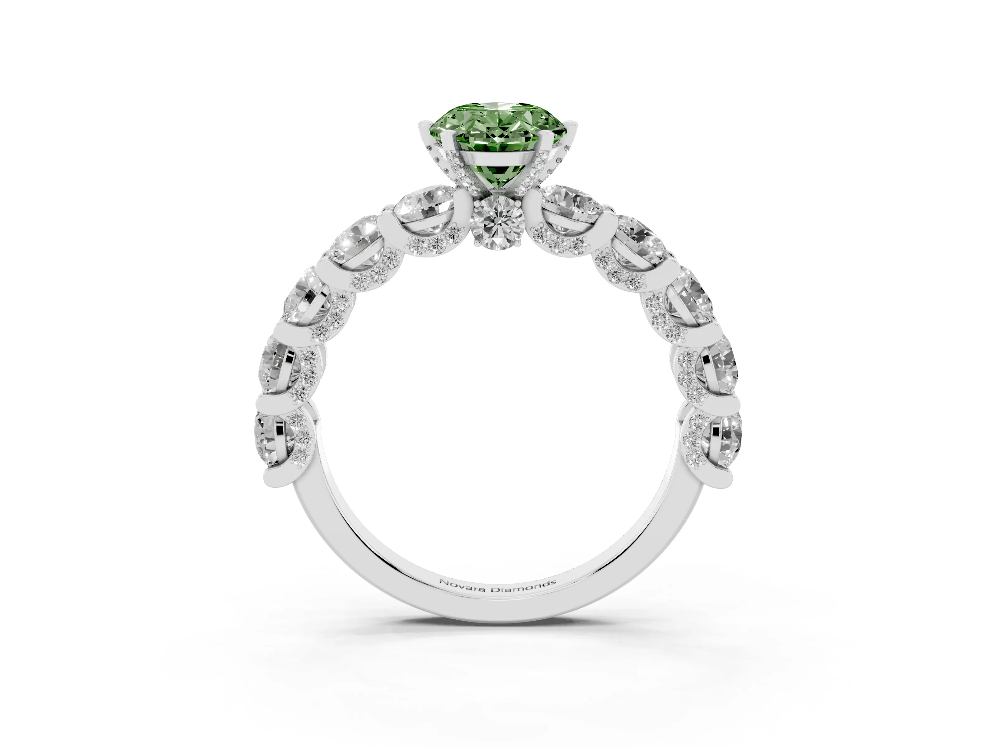 Fancy Green Oval Cut Diamond Side Stone Ring Set in Platinum with Alternating Round and Oval Side Stones