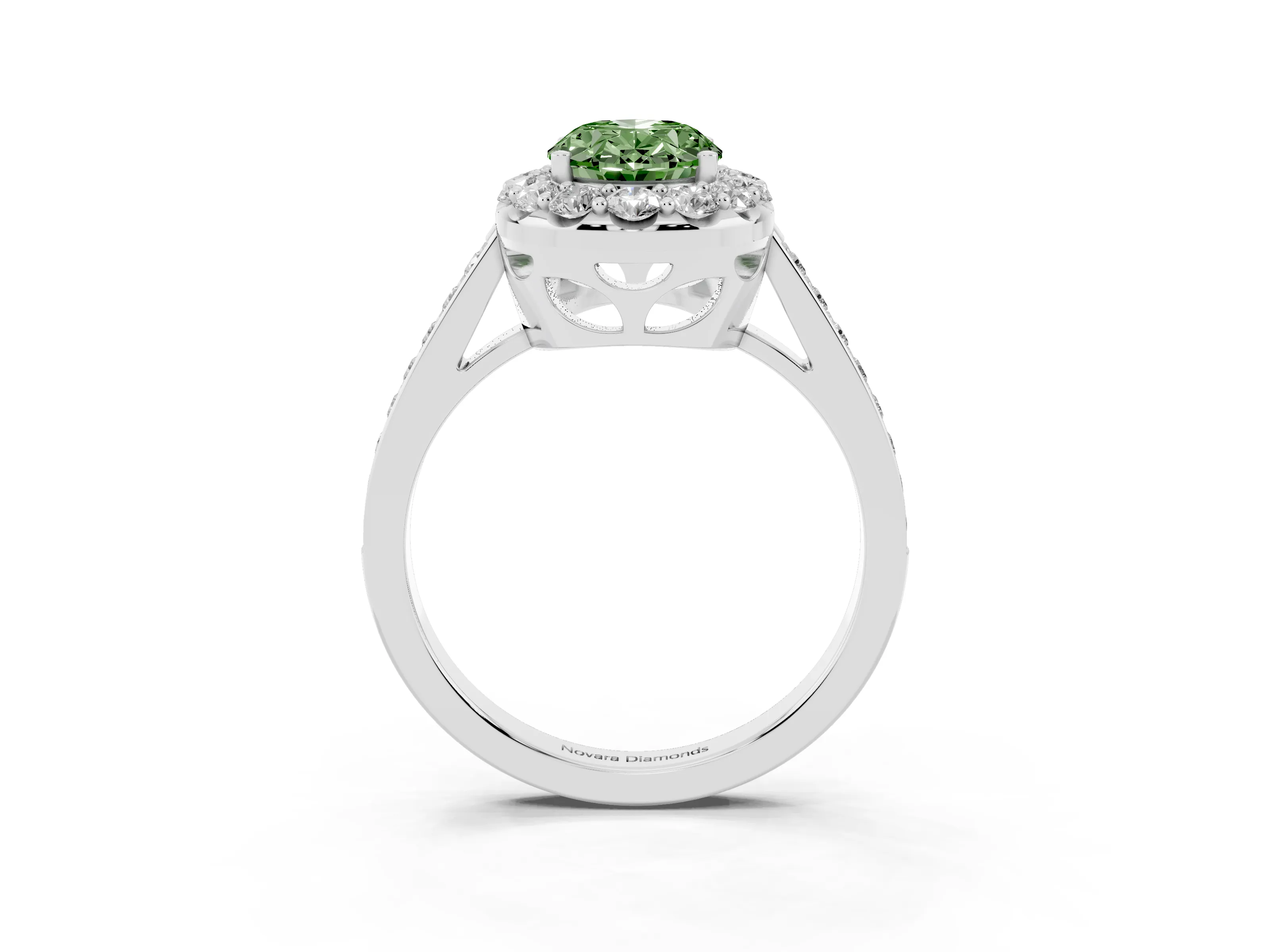 Fancy Green Oval Cut Diamond Floral Halo Ring Set in White gold with Pavé Band and Prong Setting