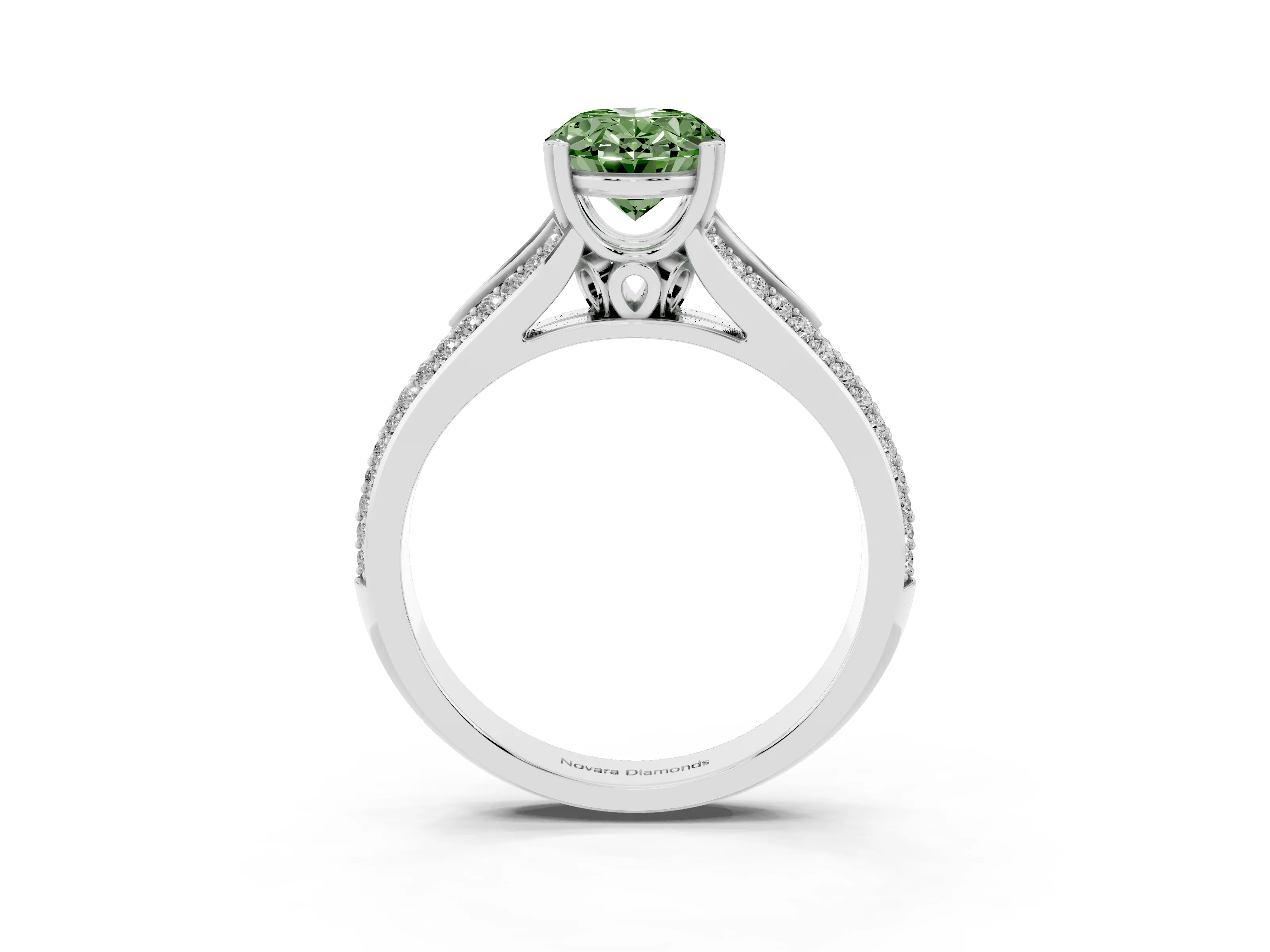 Fancy Green Oval Cut Diamond Split Shank Pavé Engagement Ring Set in Silver with Prong-Set Center Stone