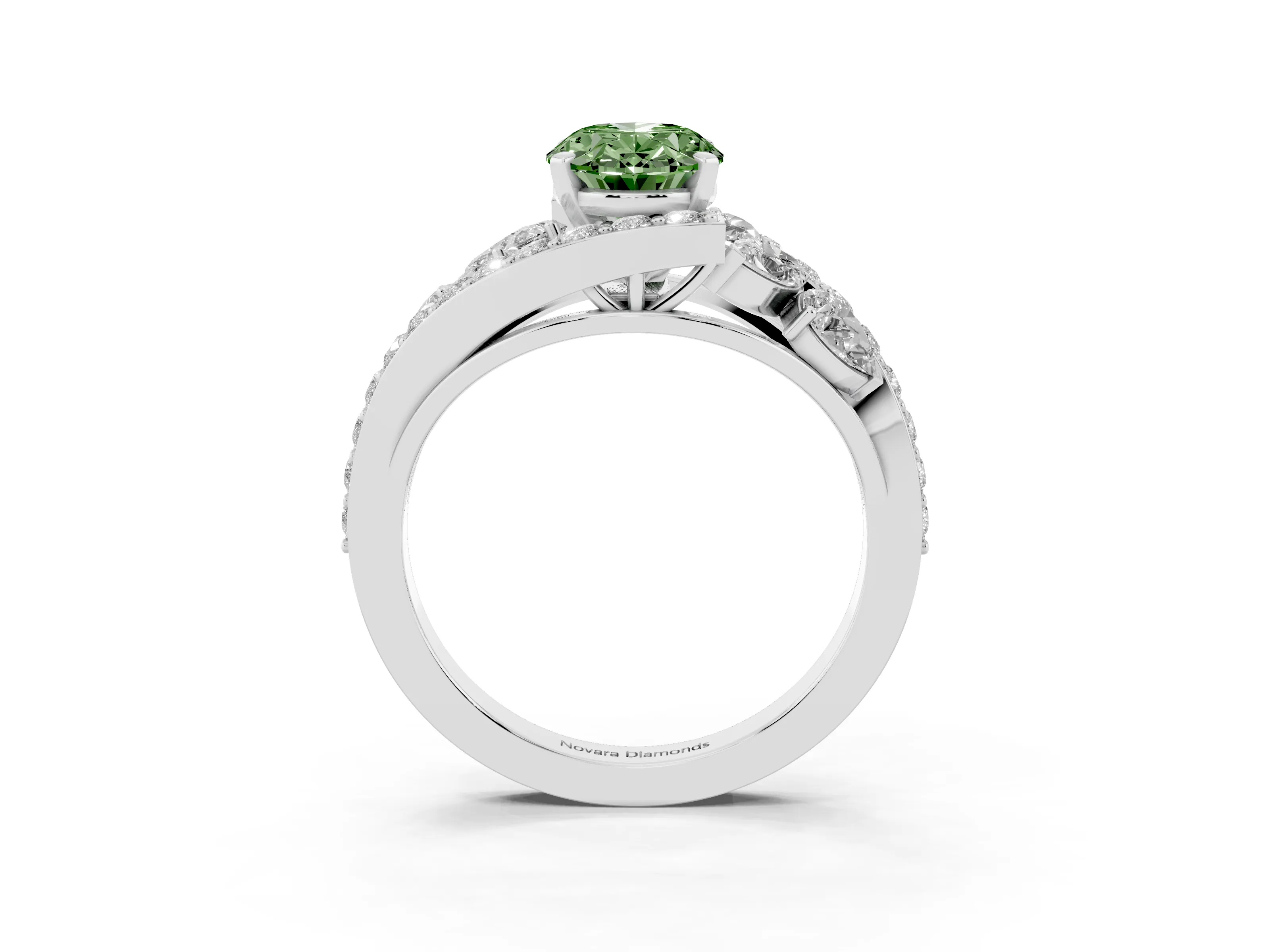 Fancy Green Oval Cut Diamond Halo Ring Set in Platinum with Marquise and Pavé Band in Prong Setting
