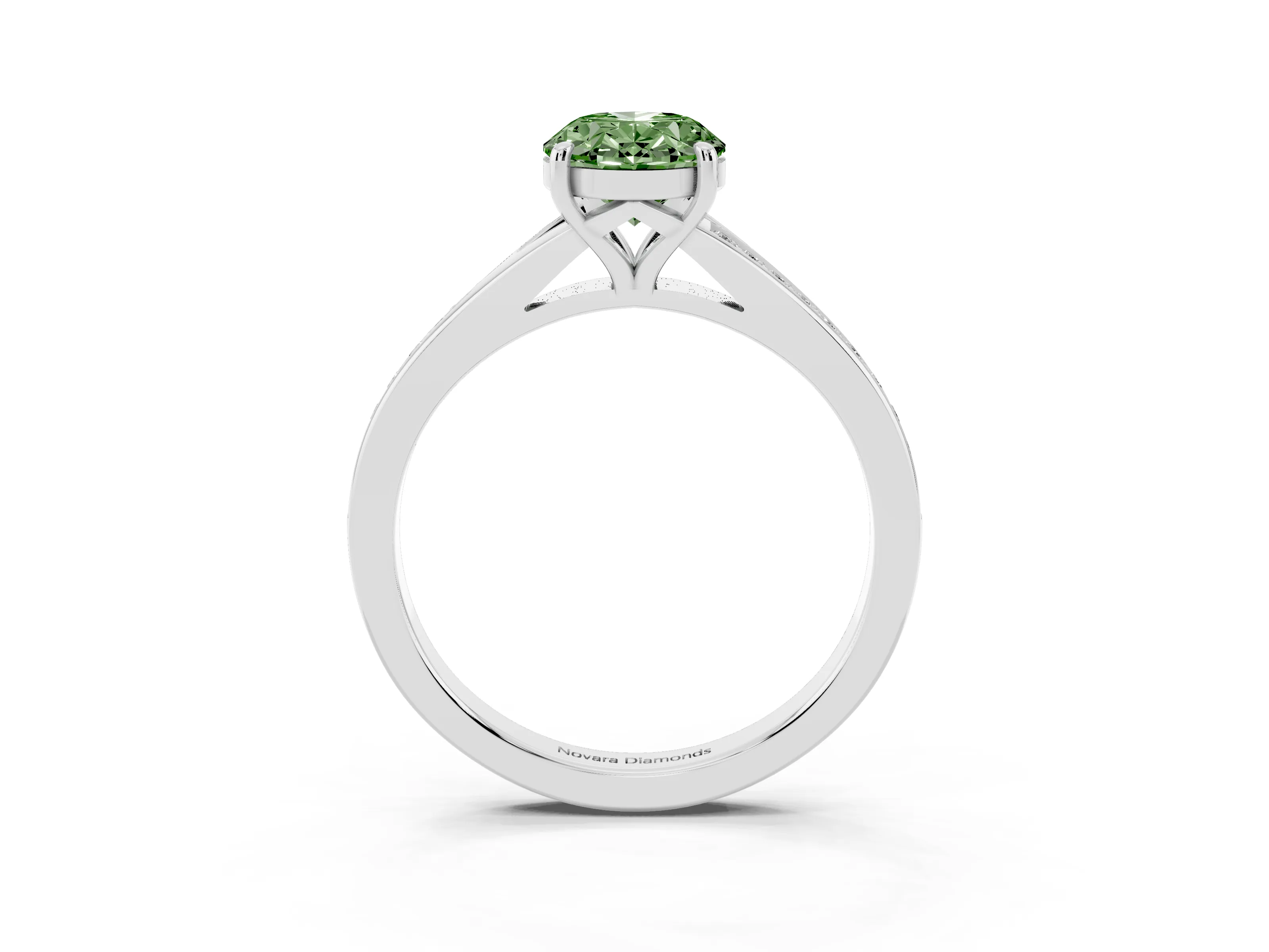 Fancy Green Oval Cut Diamond Solitaire Ring Set in White gold with Pavé Accent Band and Classic Prong Setting