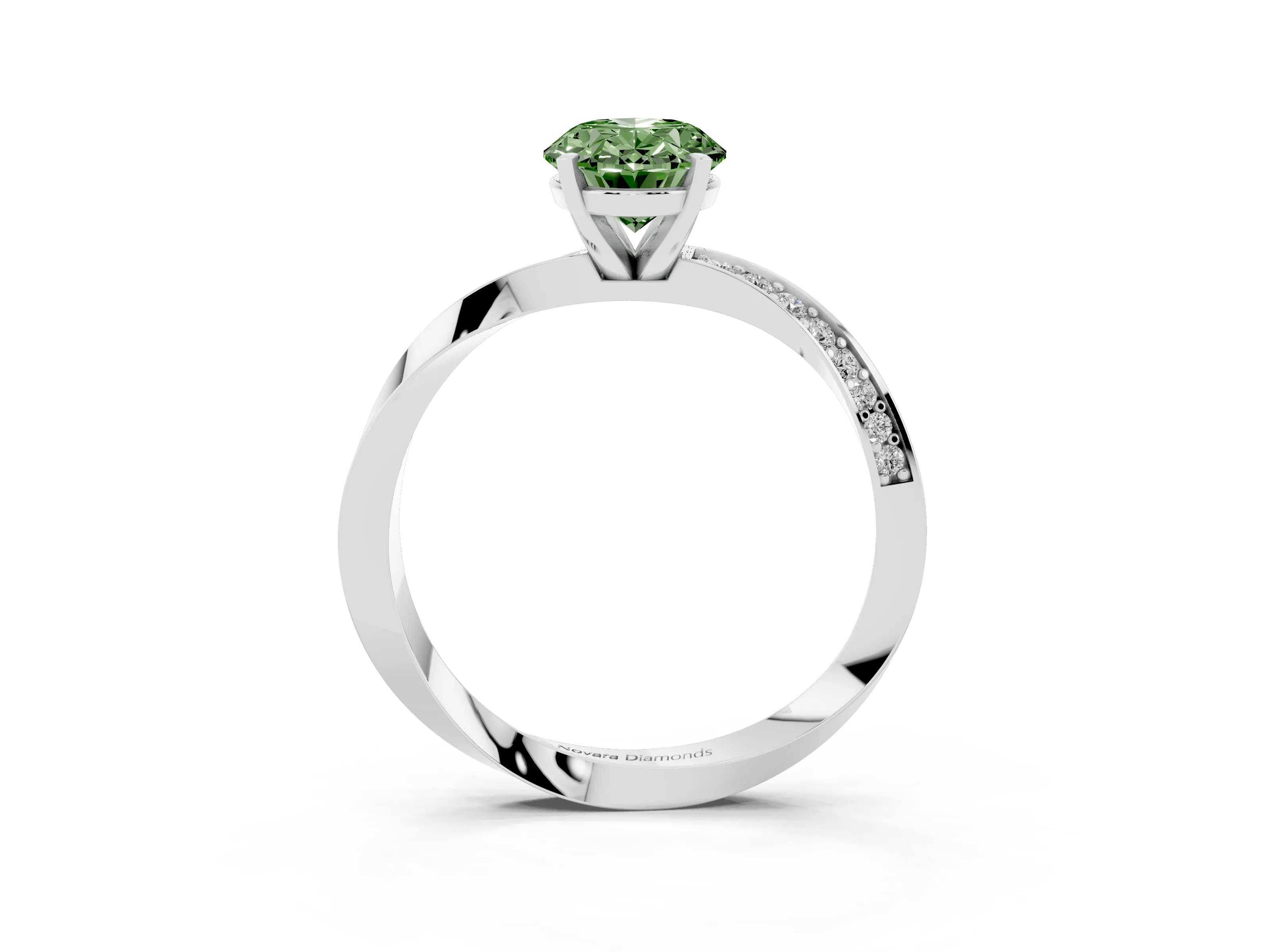 Fancy Green Oval Cut Diamond Engagement Ring Set in Silver with Side Stone Accents and Prong Setting