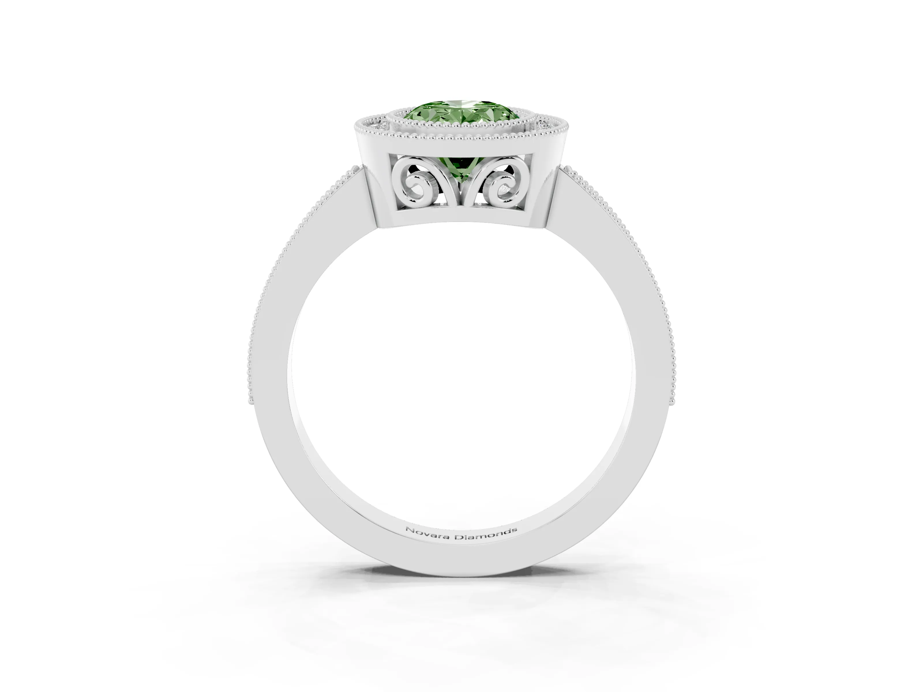Fancy Green Oval Cut Diamond Halo Ring Set in Platinum with Pavé Band and Milgrain-Edged Prongs