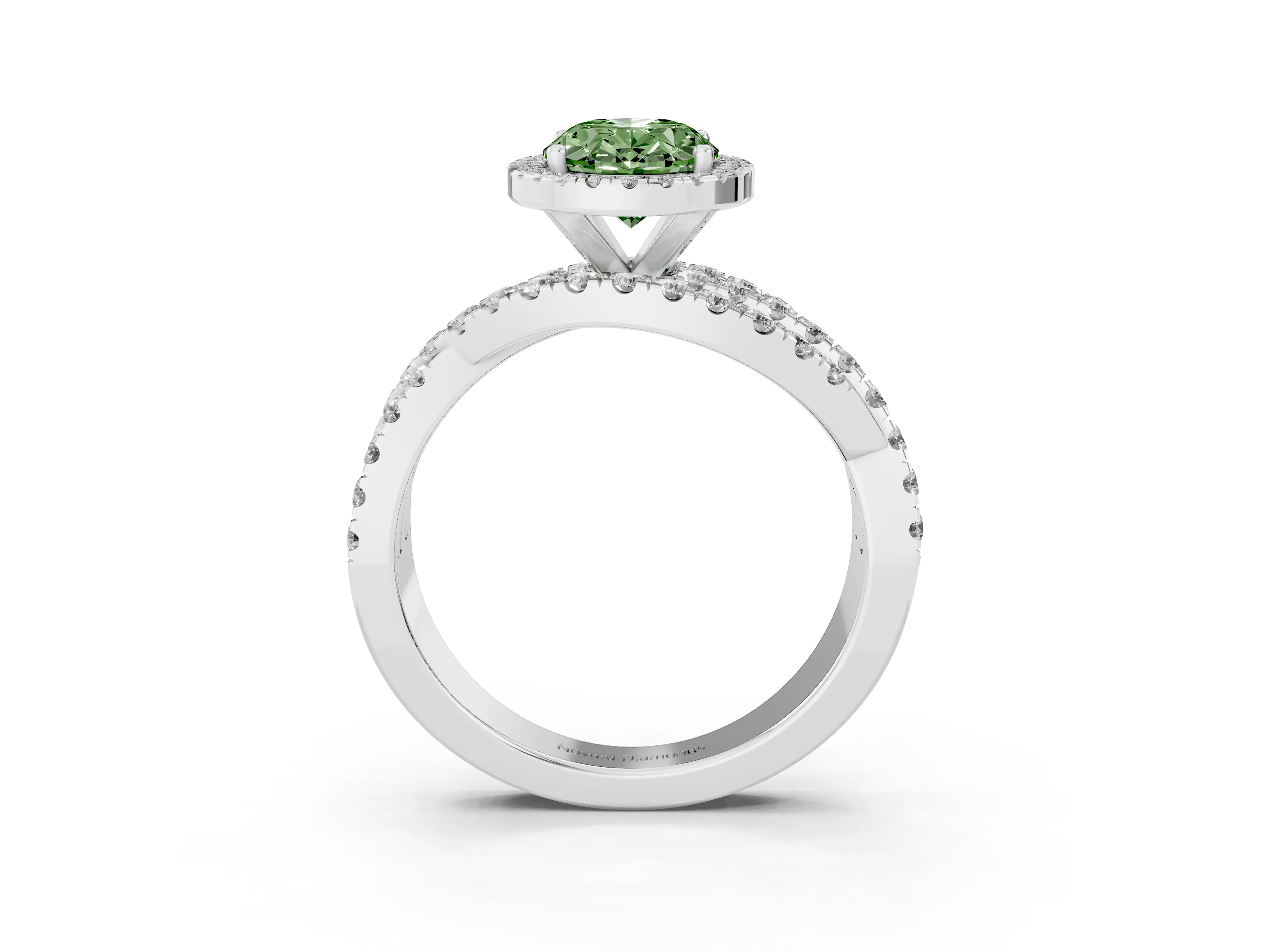 Fancy Green Oval Cut Diamond Halo Ring Set in Platinum with Round Crossover Split Shank and Prong Setting