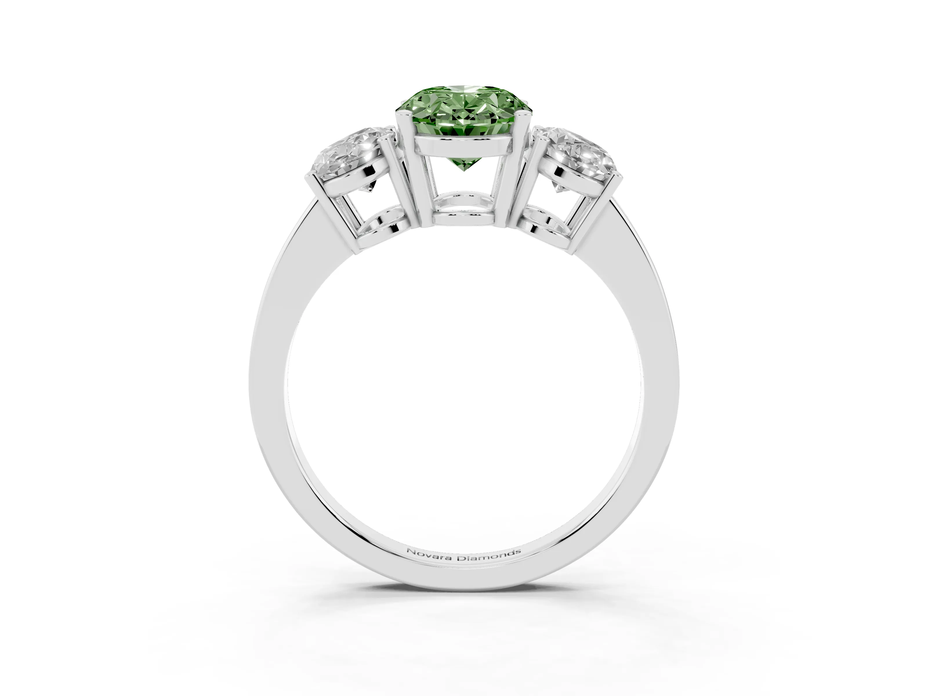 Fancy Green Oval Cut Diamond Three-Stone Engagement Ring Set in White gold with Flat Band