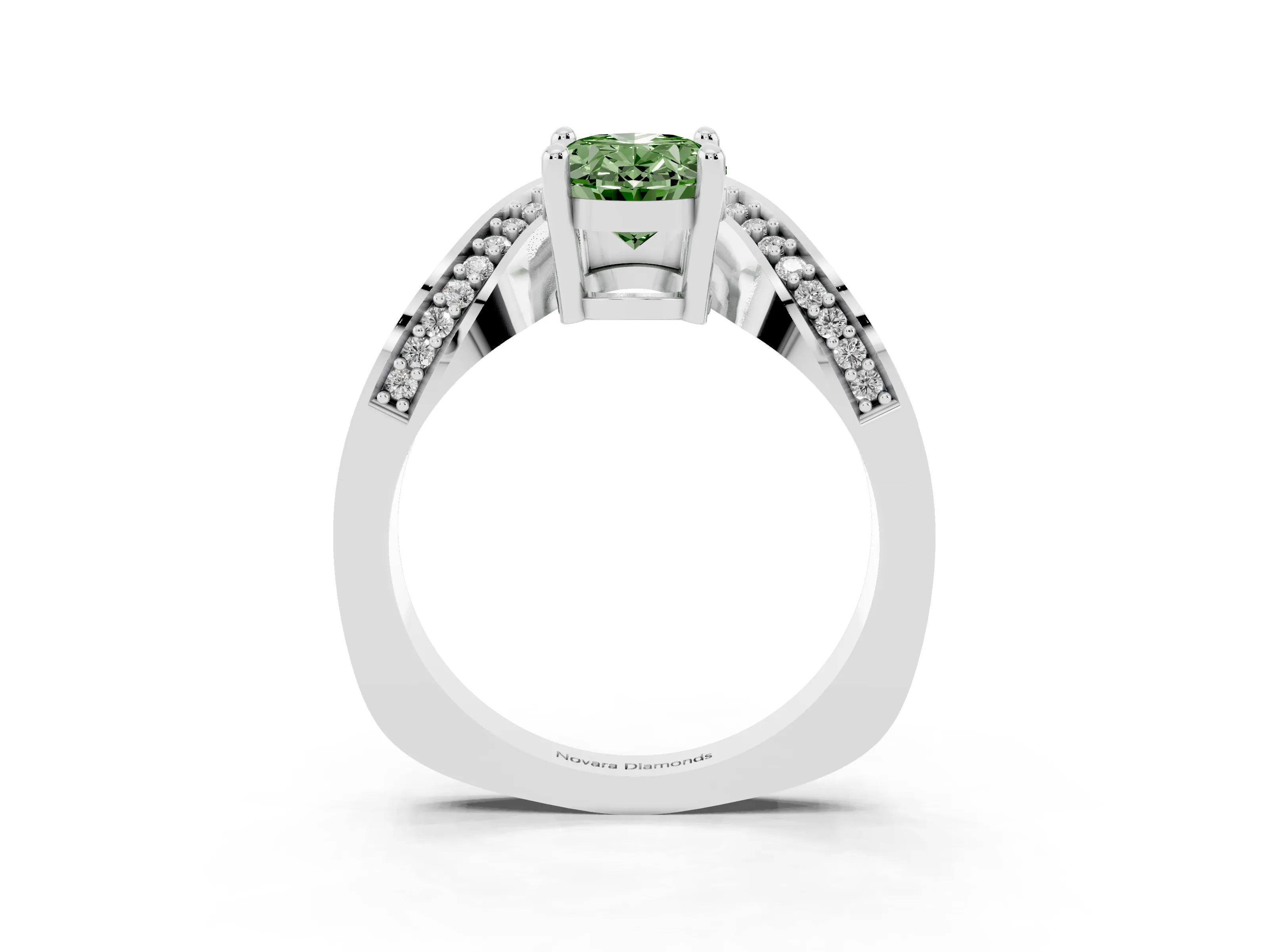 Fancy Green Oval Cut Diamond Solitaire Engagement Ring Set in Silver with Pavé Shoulders