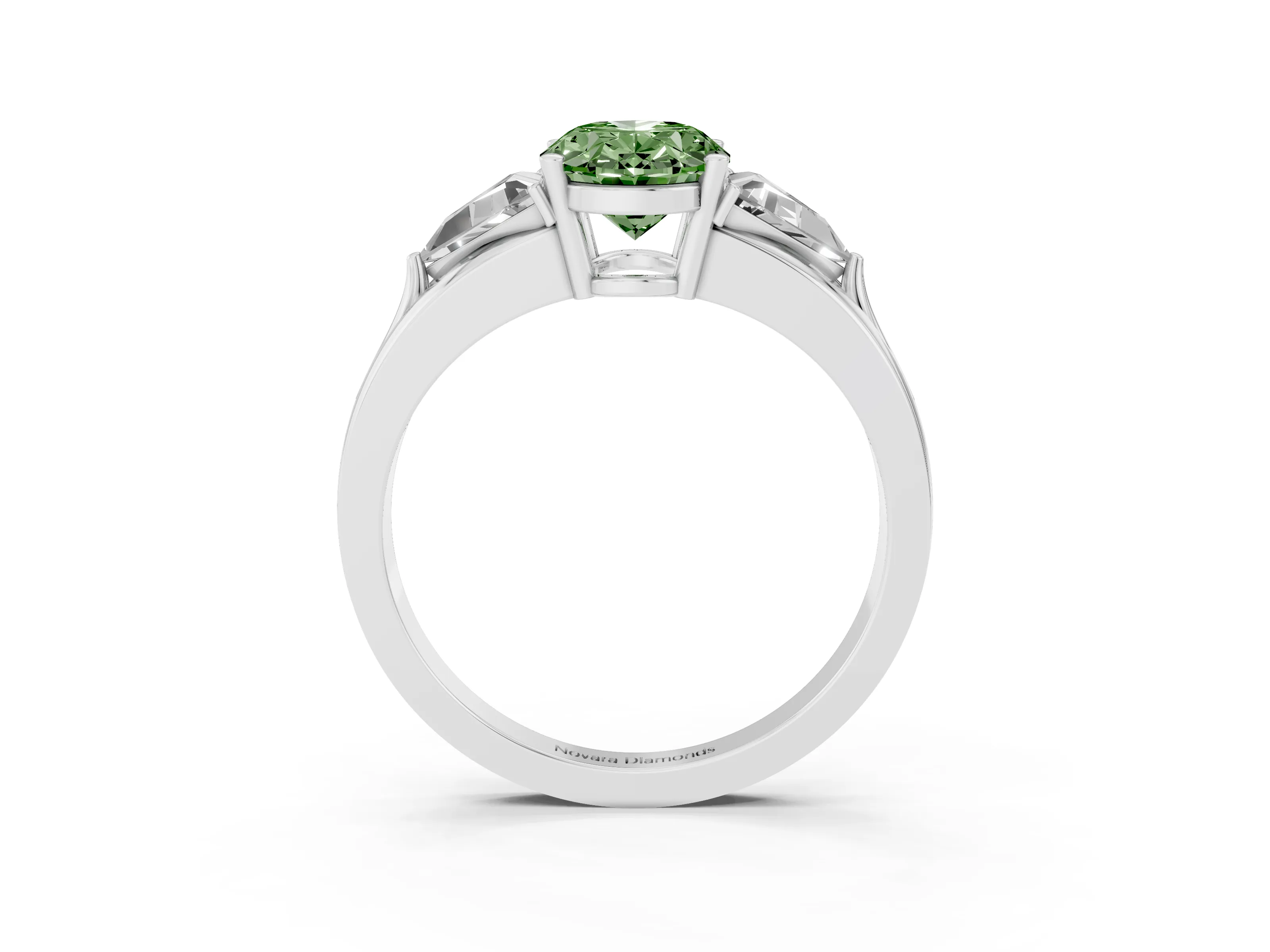 Fancy Green Oval Cut Diamond Three-Stone Ring Set in Silver with Trillion Side Stones and Split Shank