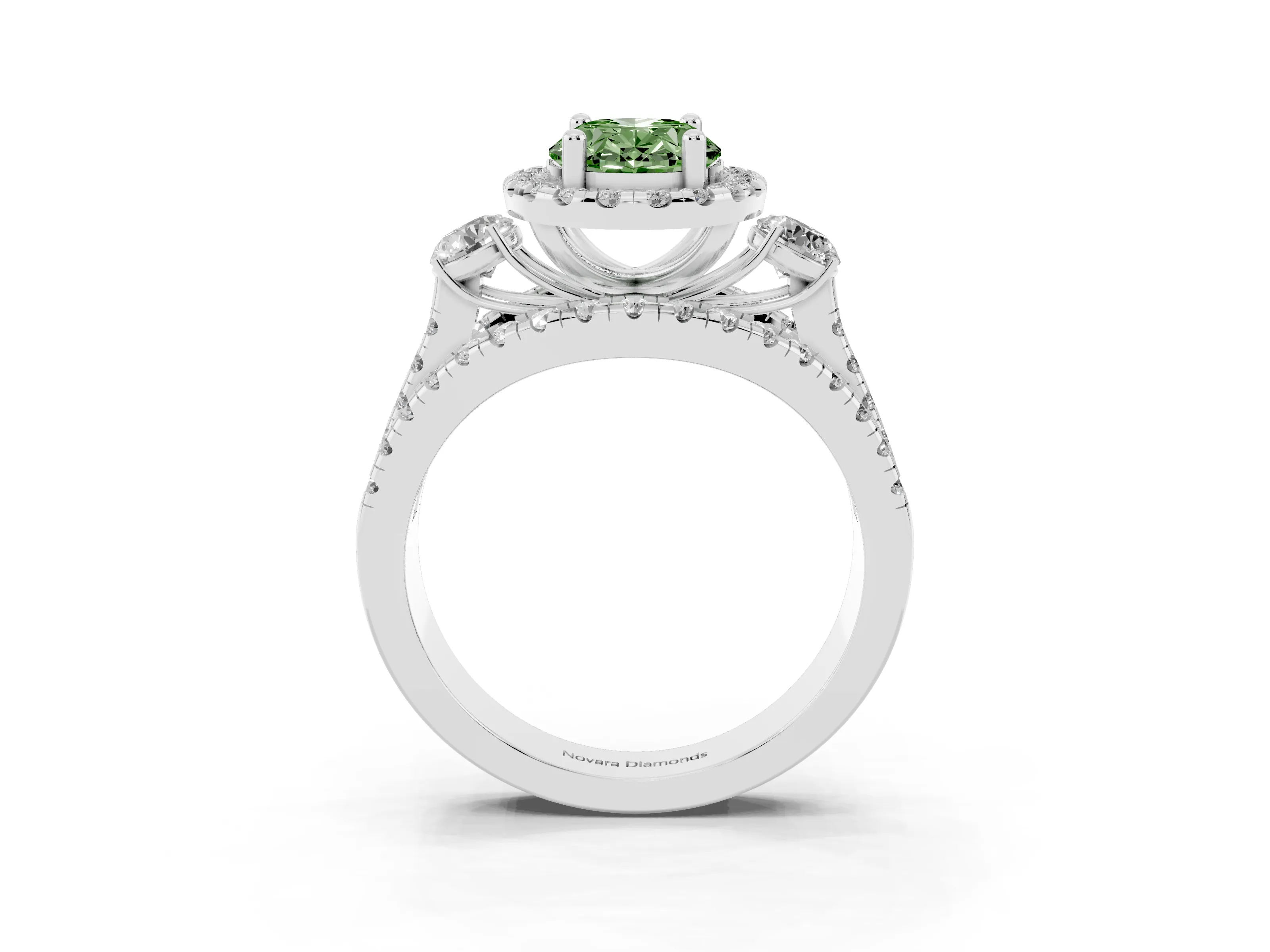 Fancy Green Oval Cut Diamond Halo Split Shank Ring Set in White gold with Round Accent Stones and Prong Setting