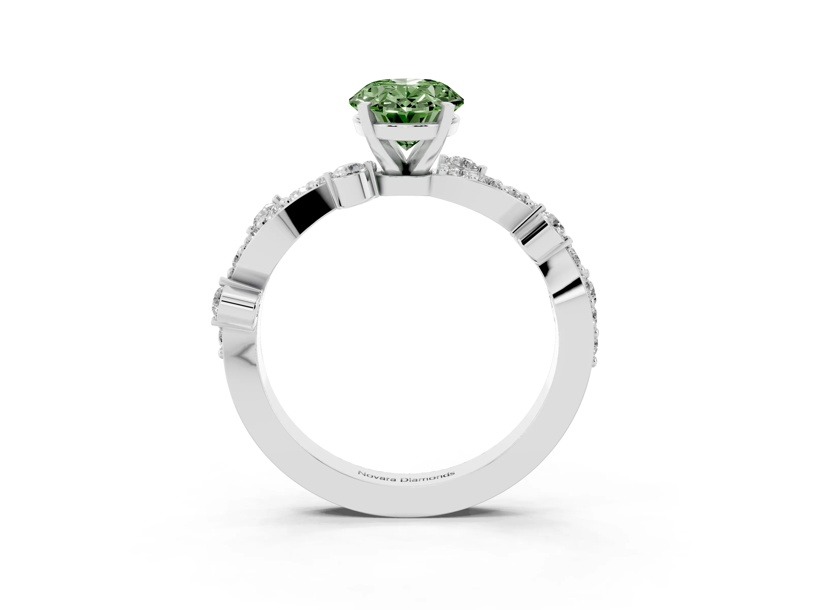Fancy Green Oval Cut Diamond Solitaire Twisted Band Set in White gold with Pavé Setting