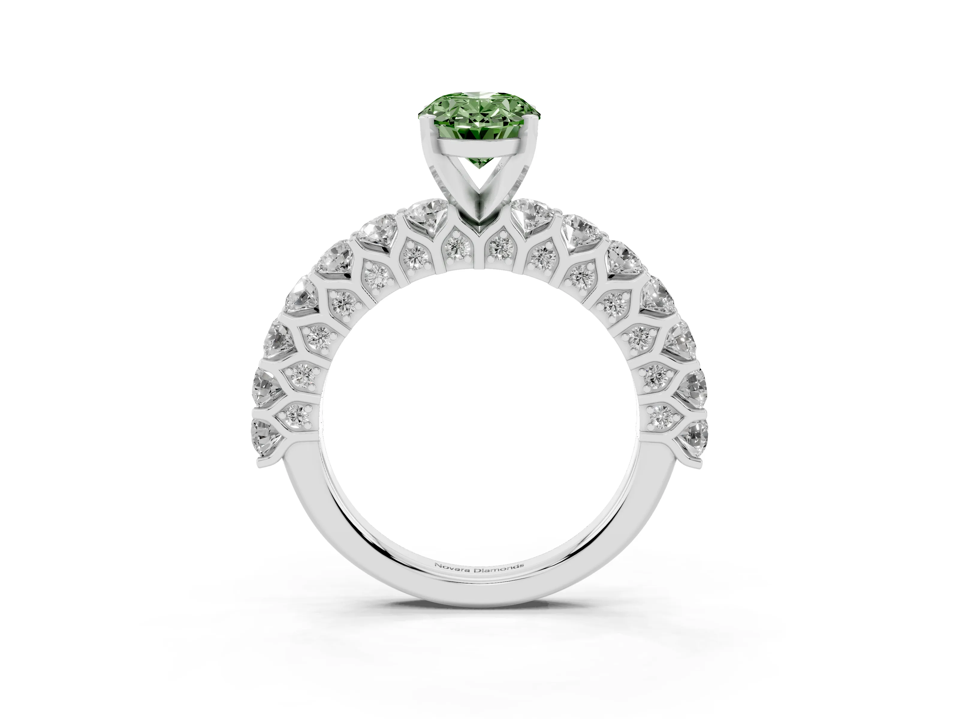 Fancy Green Oval Cut Diamond Solitaire Ring Set in Silver with Shared Prong Pavé Band