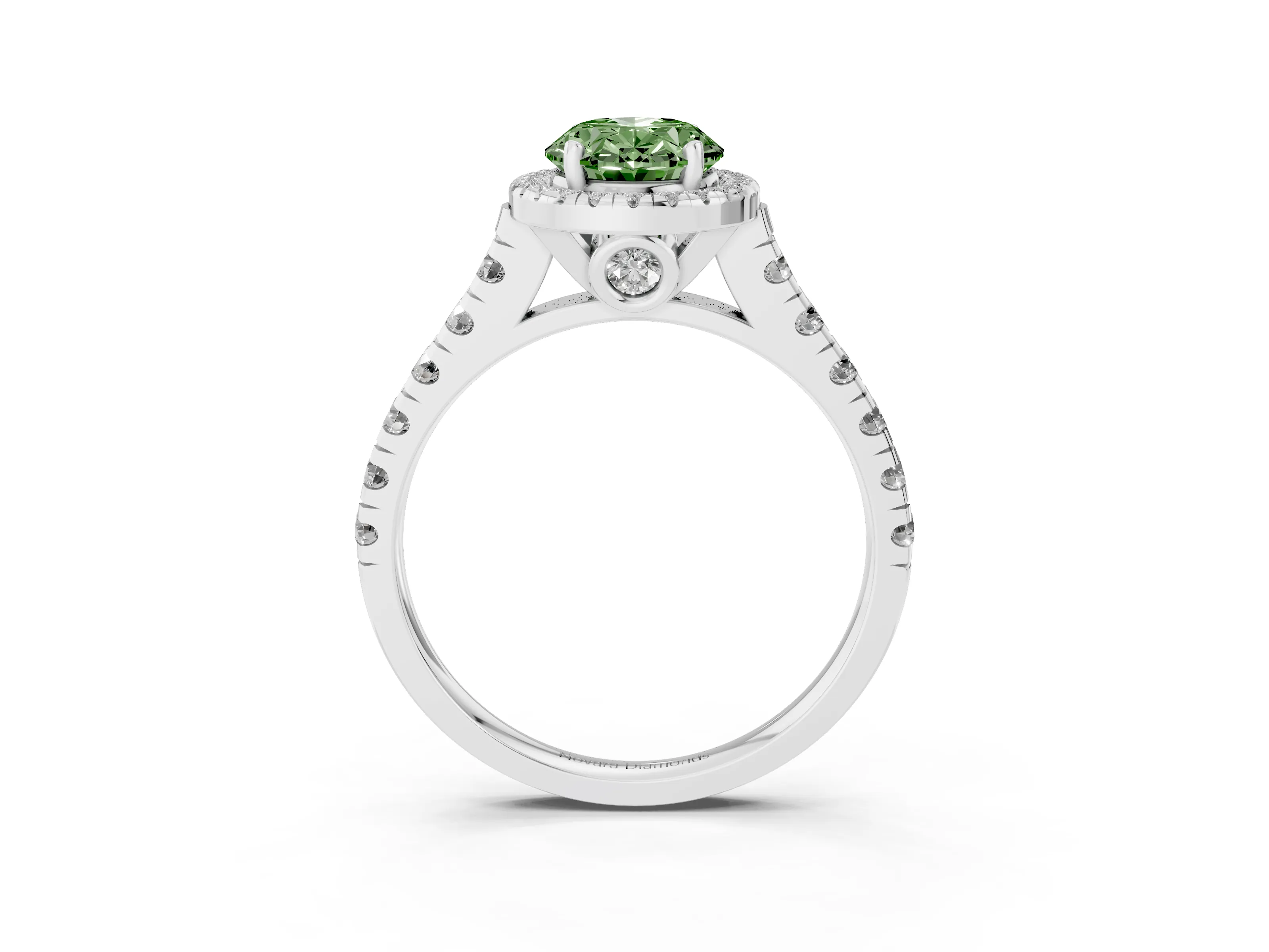 Fancy Green Oval Cut Diamond Halo Engagement Ring Set in White gold with Pavé Band and Prong-Set Center