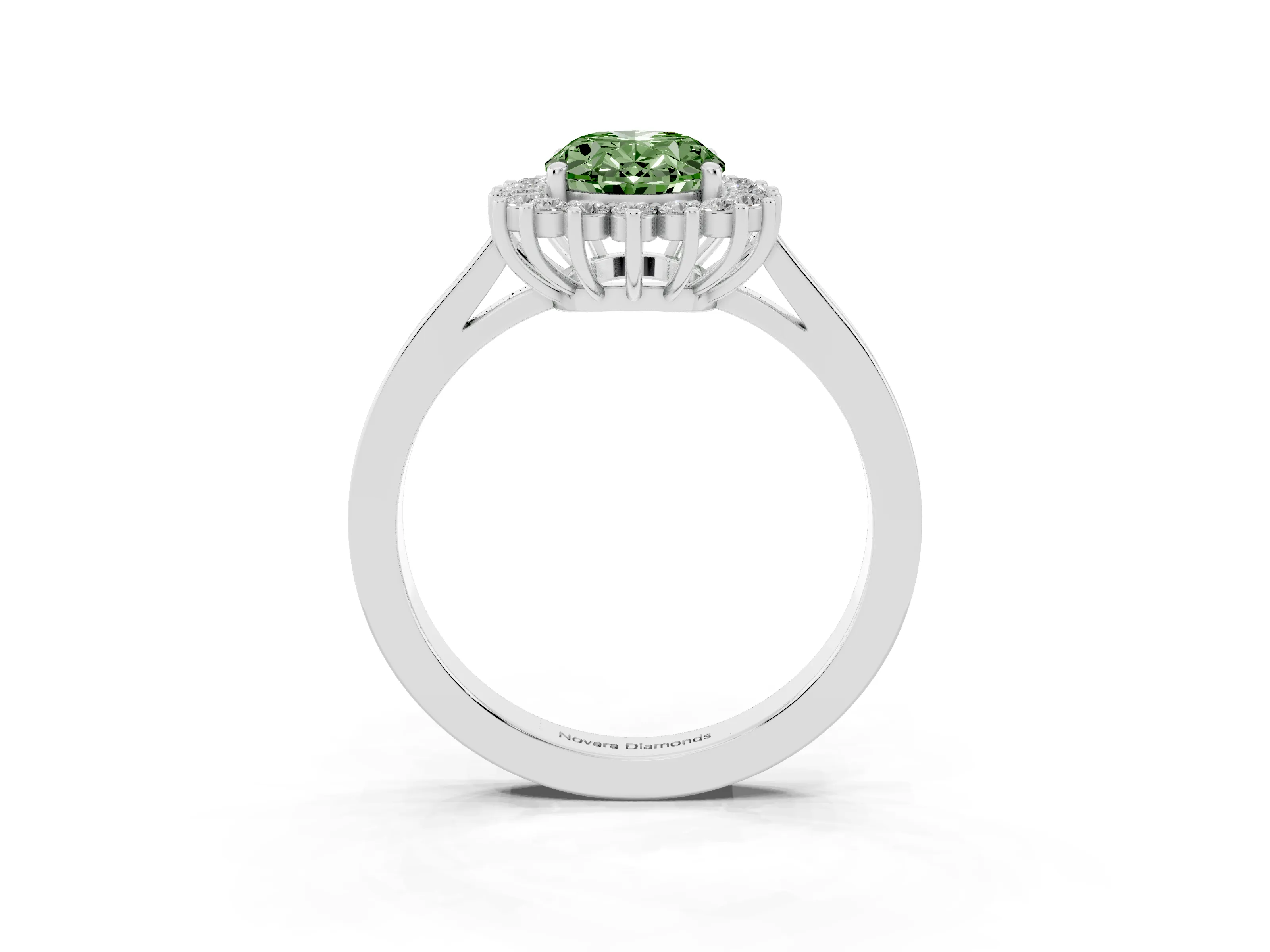 Fancy Green Oval Cut Diamond Halo Ring Set in White gold with Round Halo and Smooth Solitaire Band