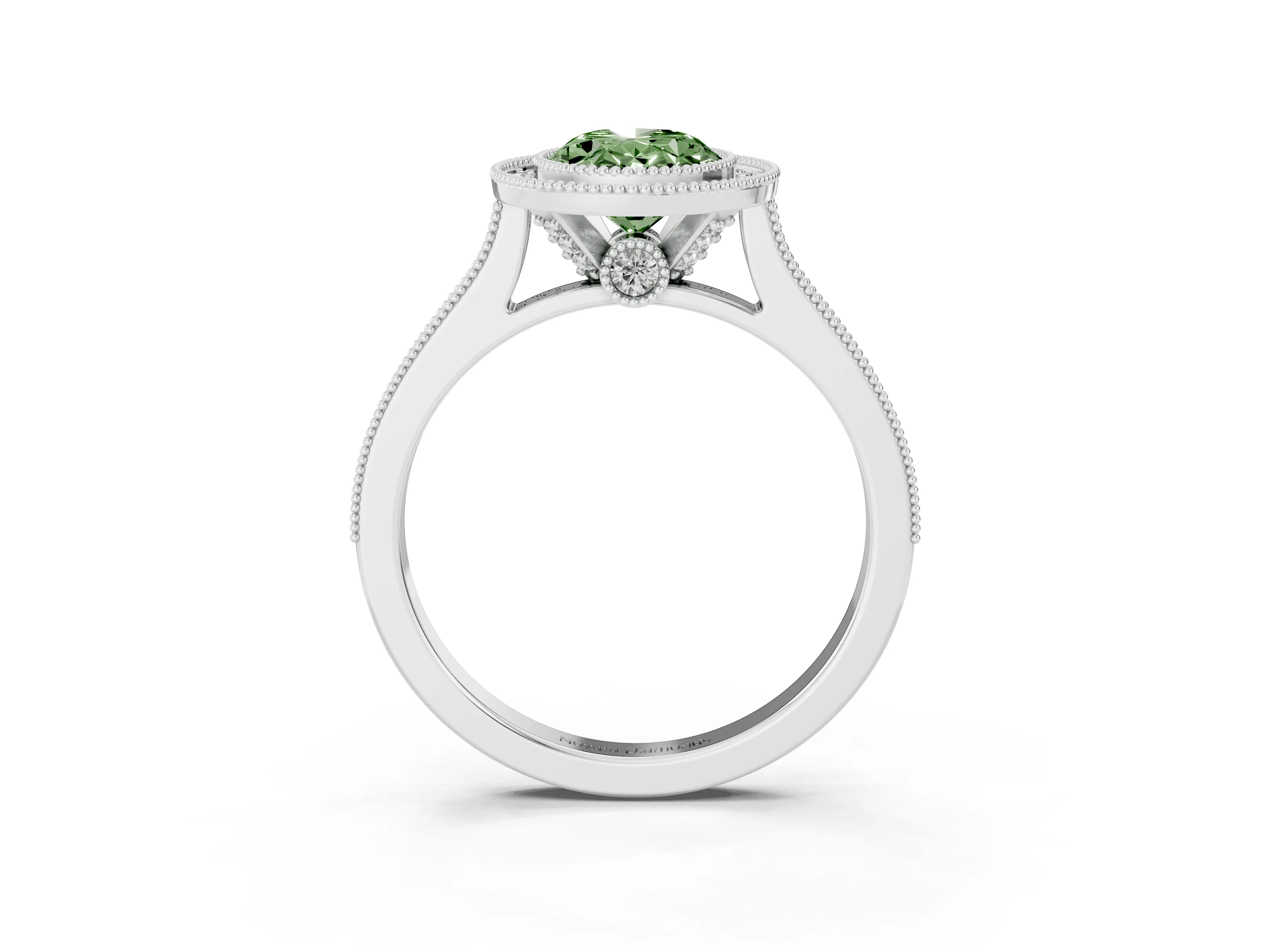 Fancy Green Oval Cut Diamond Halo Milgrain Pavé Band Ring Set in Silver with Prong Setting
