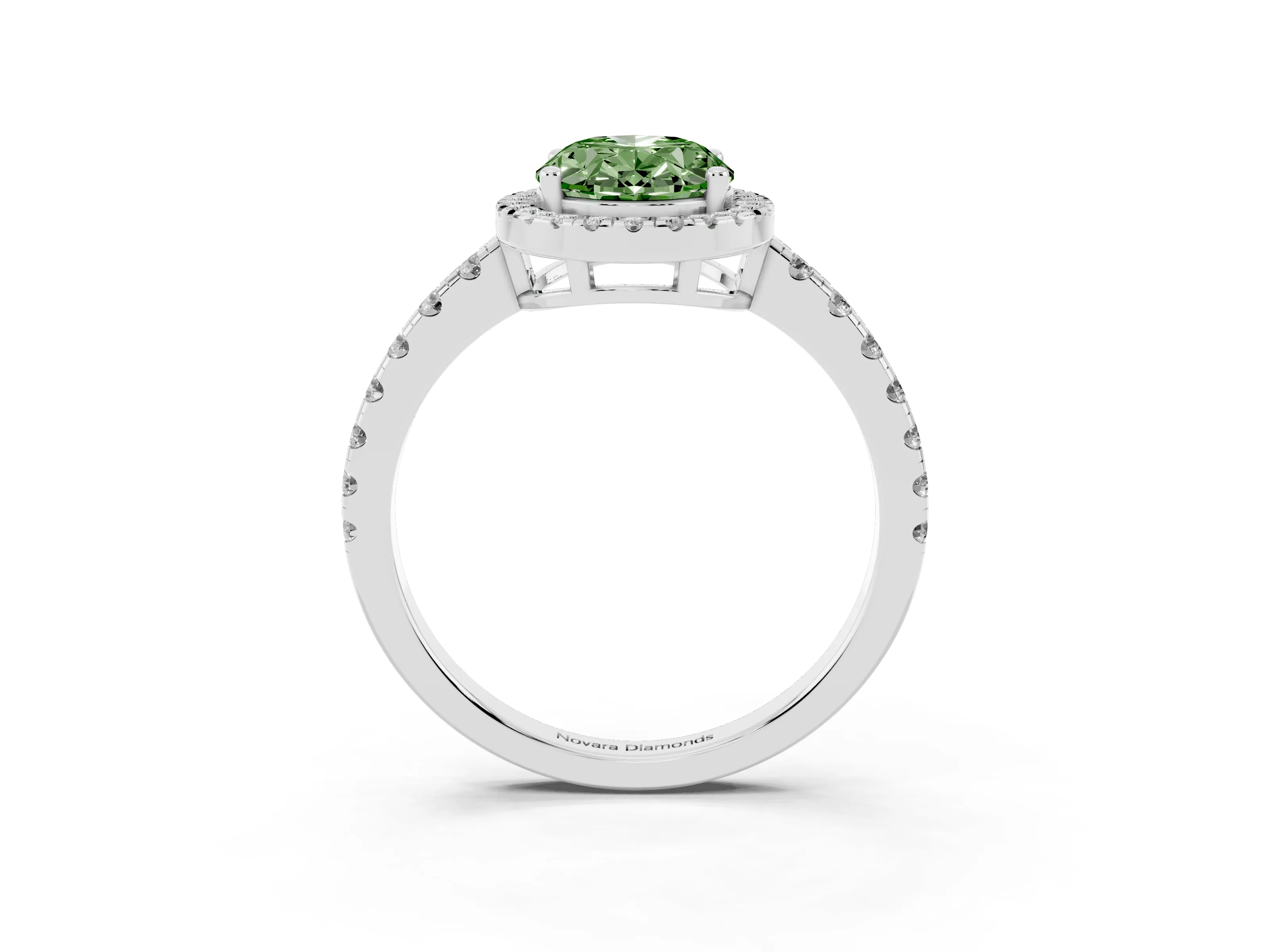 Fancy Green Oval Cut Diamond Halo Ring Set in White gold with Delicate Pavé Band and Prong Setting