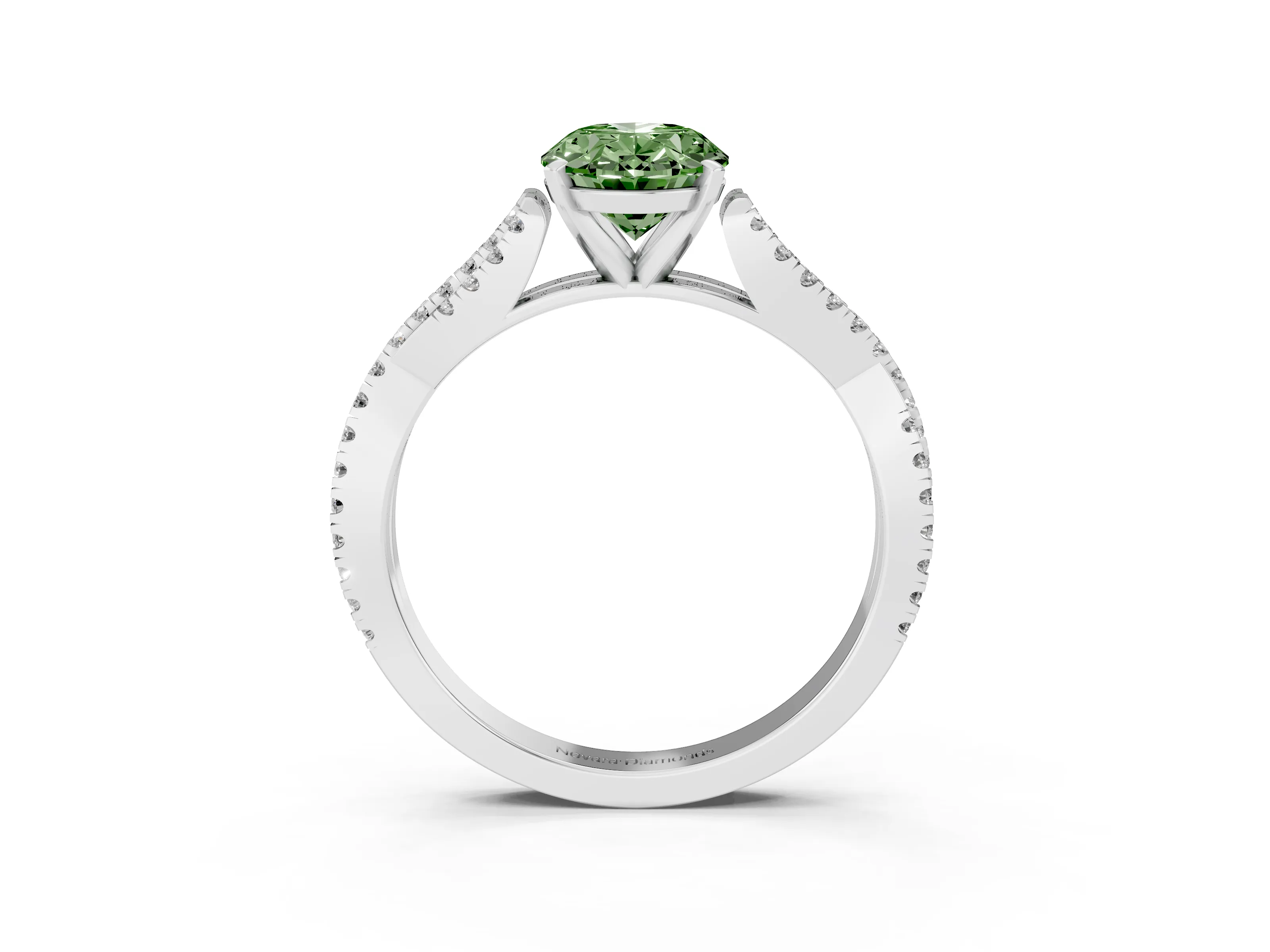 Fancy Green Oval Cut Diamond Solitaire Engagement Ring Set in White gold with Twisted Pavé Band and Prong Setting
