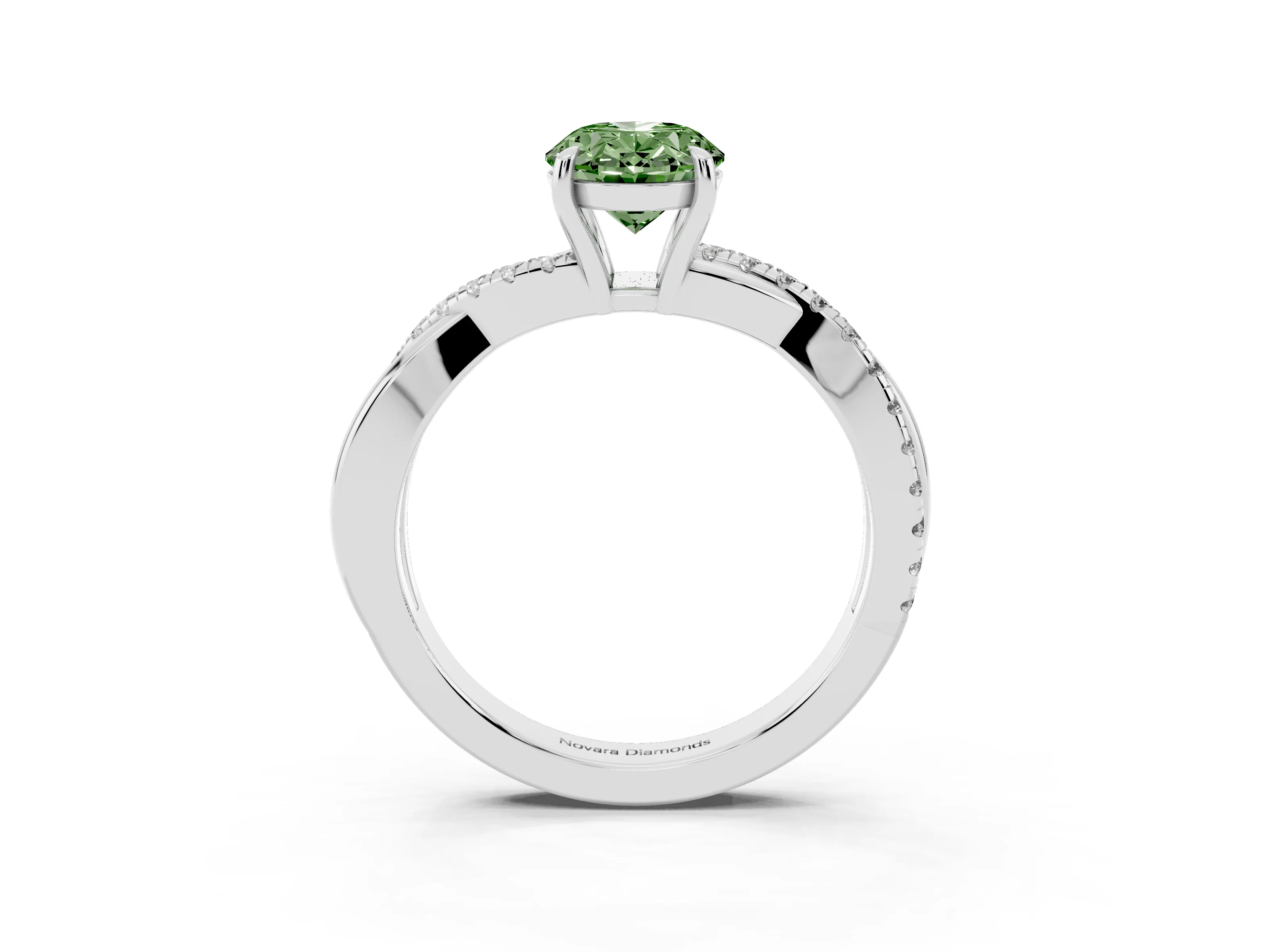 Fancy Green Oval Cut Diamond Twisted Pavé Band Ring Set in Silver with Prong Setting