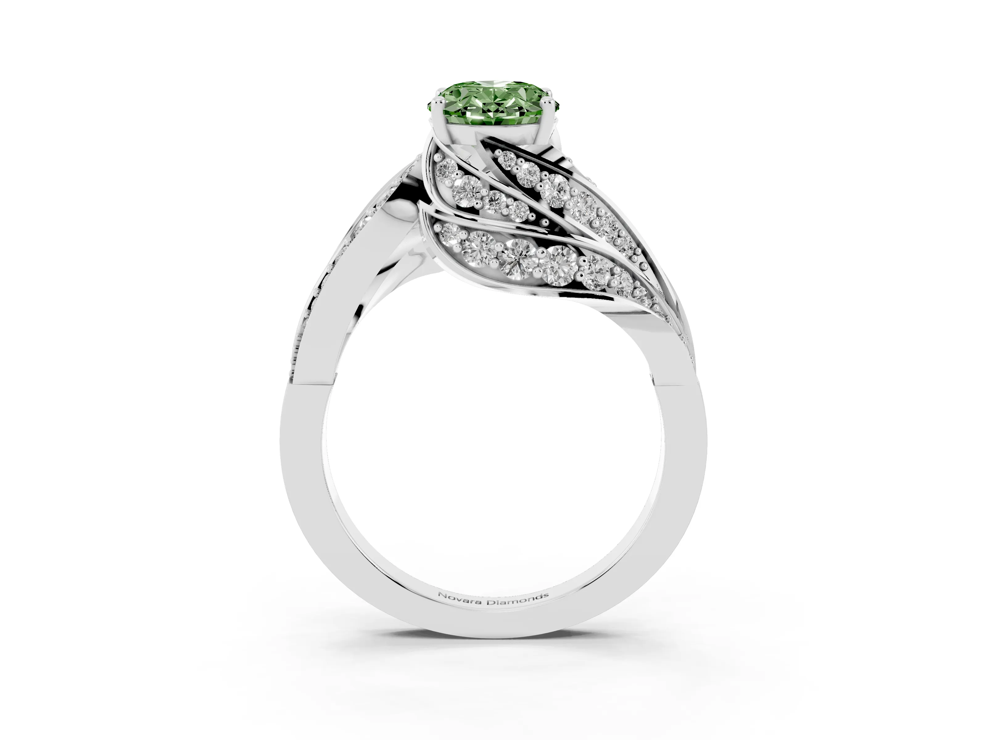 Fancy Green Oval Cut Diamond Solitaire Ring Set in Silver with Layered Twist Pavé Band
