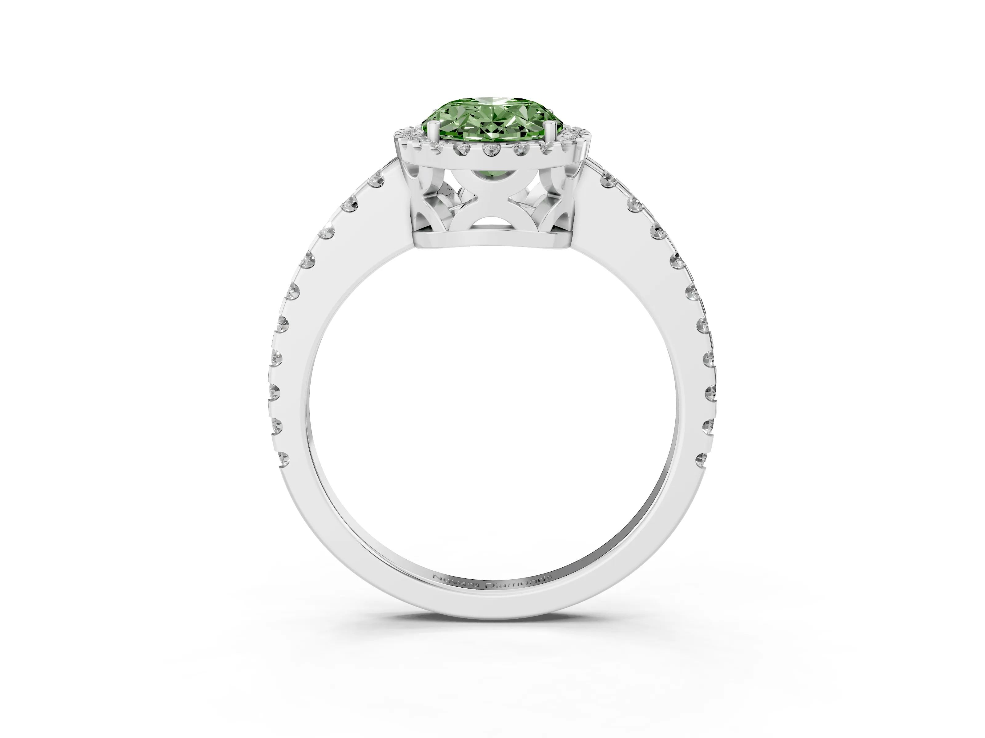 Fancy Green Oval Cut Diamond Halo Ring Set in White gold with Pavé Shoulders and Halo-Framed Center