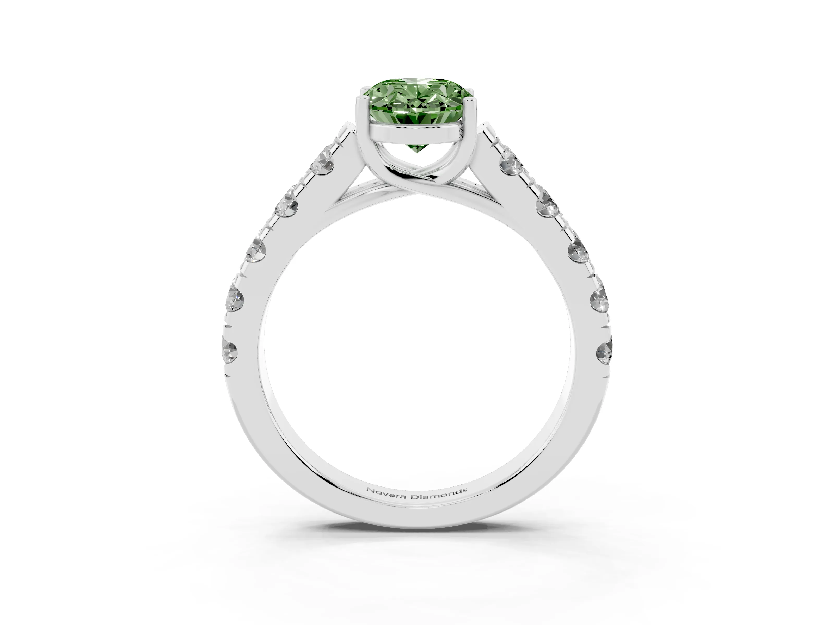 Fancy Green Oval Cut Diamond Solitaire Ring Set in Silver with Cut-Down Micro Pavé Band and Prong Setting
