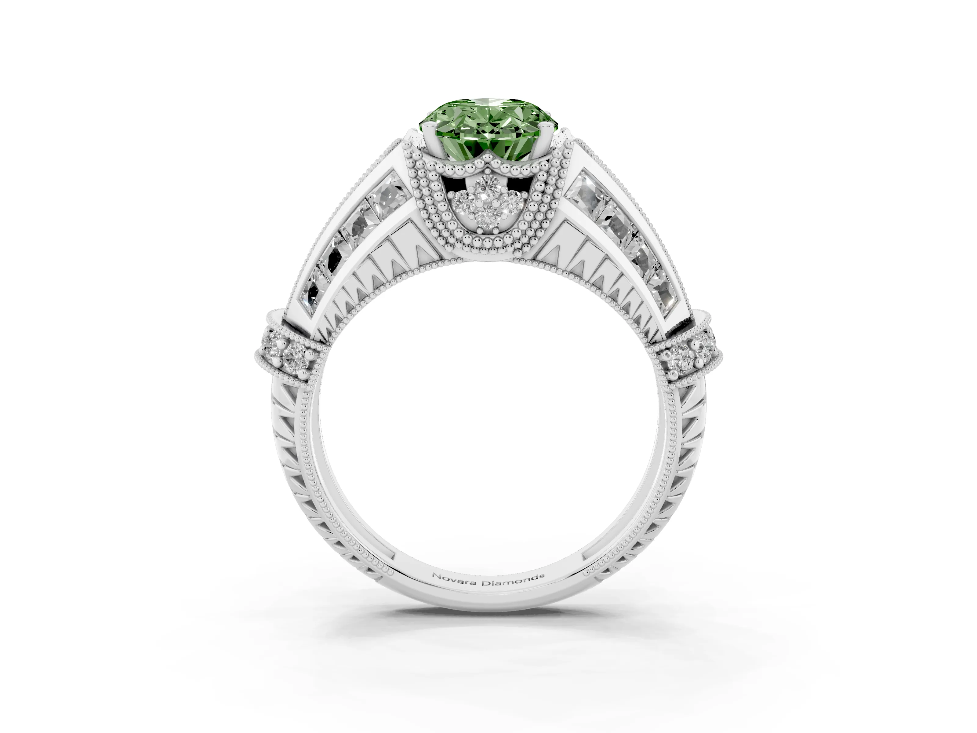 Fancy Green Oval Cut Diamond Vintage-Inspired Milgrain Ring Set in Silver with Accent Split Shank
