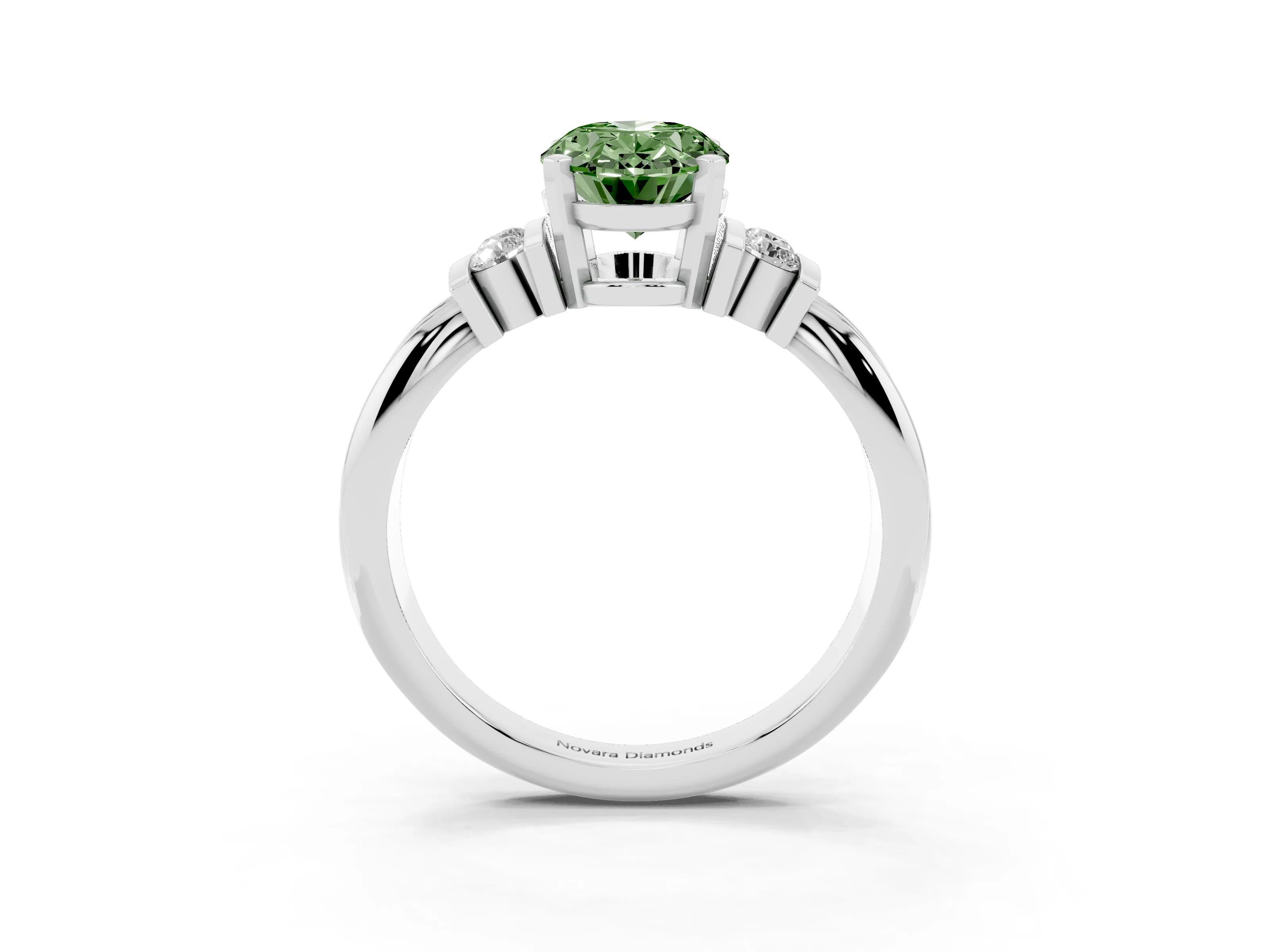 Fancy Green Three-Stone Oval Cut Diamond Channel Set Ring Set in Silver with Bar Prongs