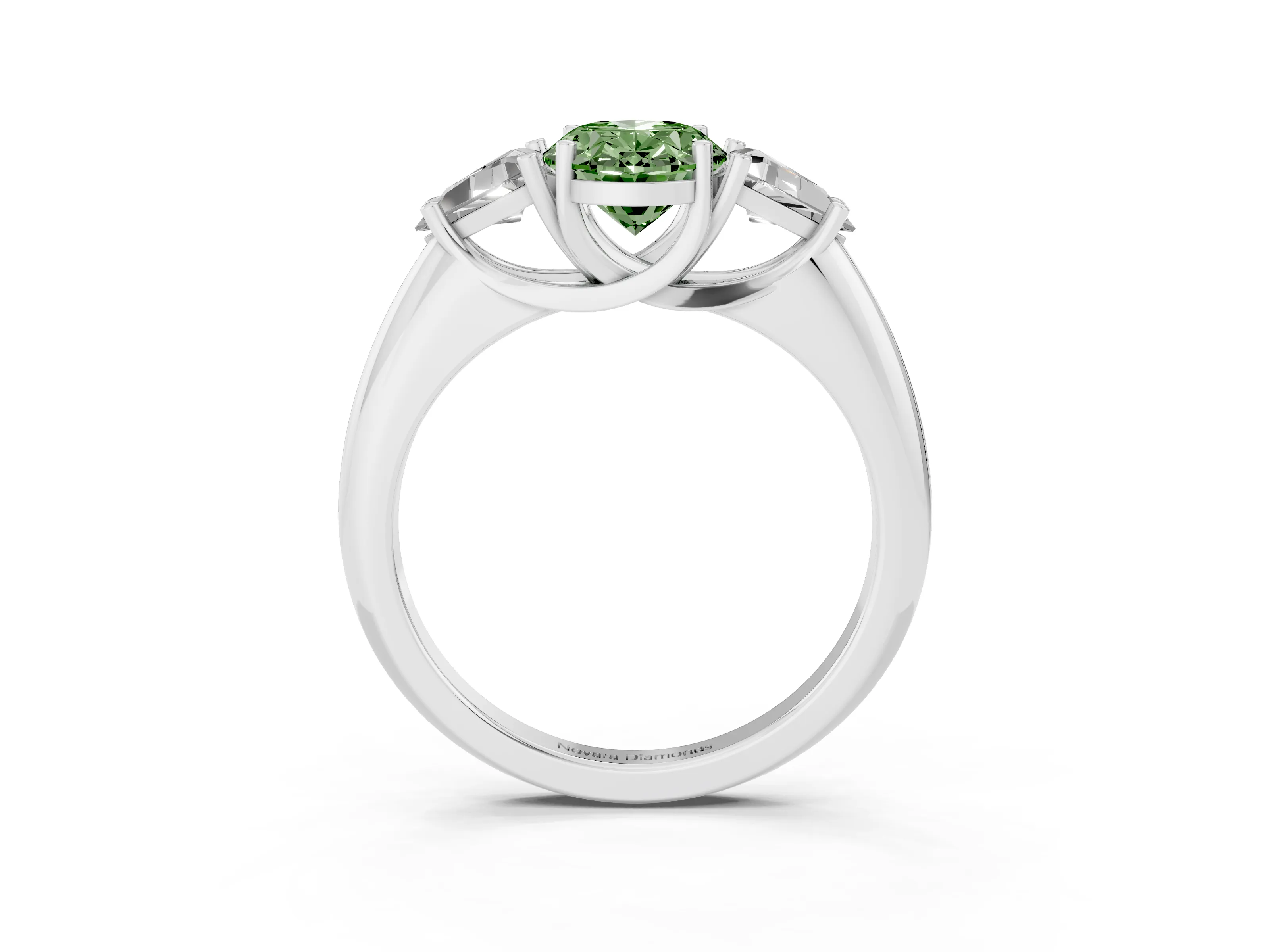 Fancy Green Oval Cut Diamond Three-Stone Engagement Ring Set in Silver with Trillion Side Stones