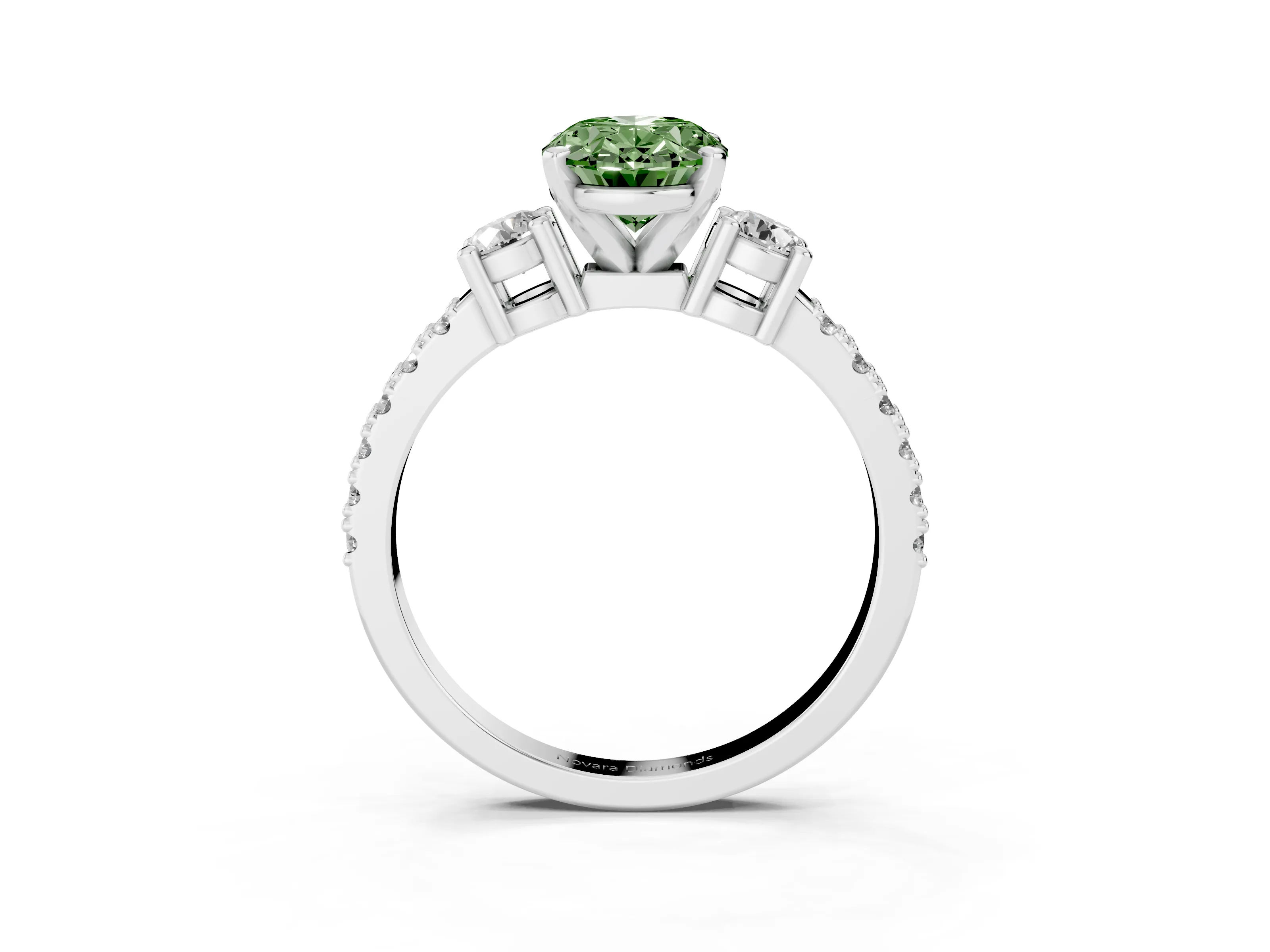 Fancy Green Three-Stone Oval Cut Diamond Pavé Band Ring Set in Silver with Prong Setting