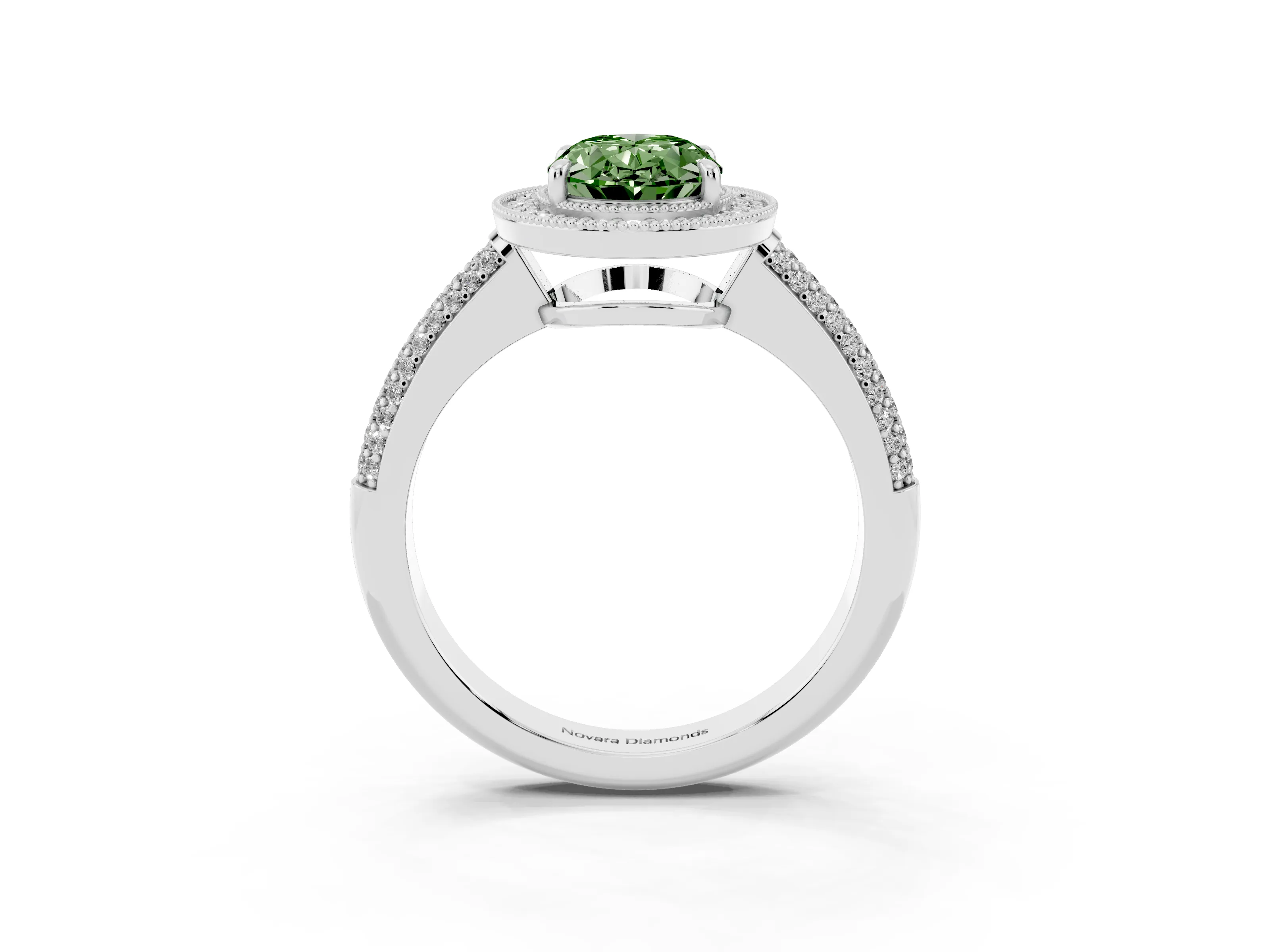 Fancy Green Oval Cut Diamond Halo Pavé Band Set in Platinum with Prong Setting