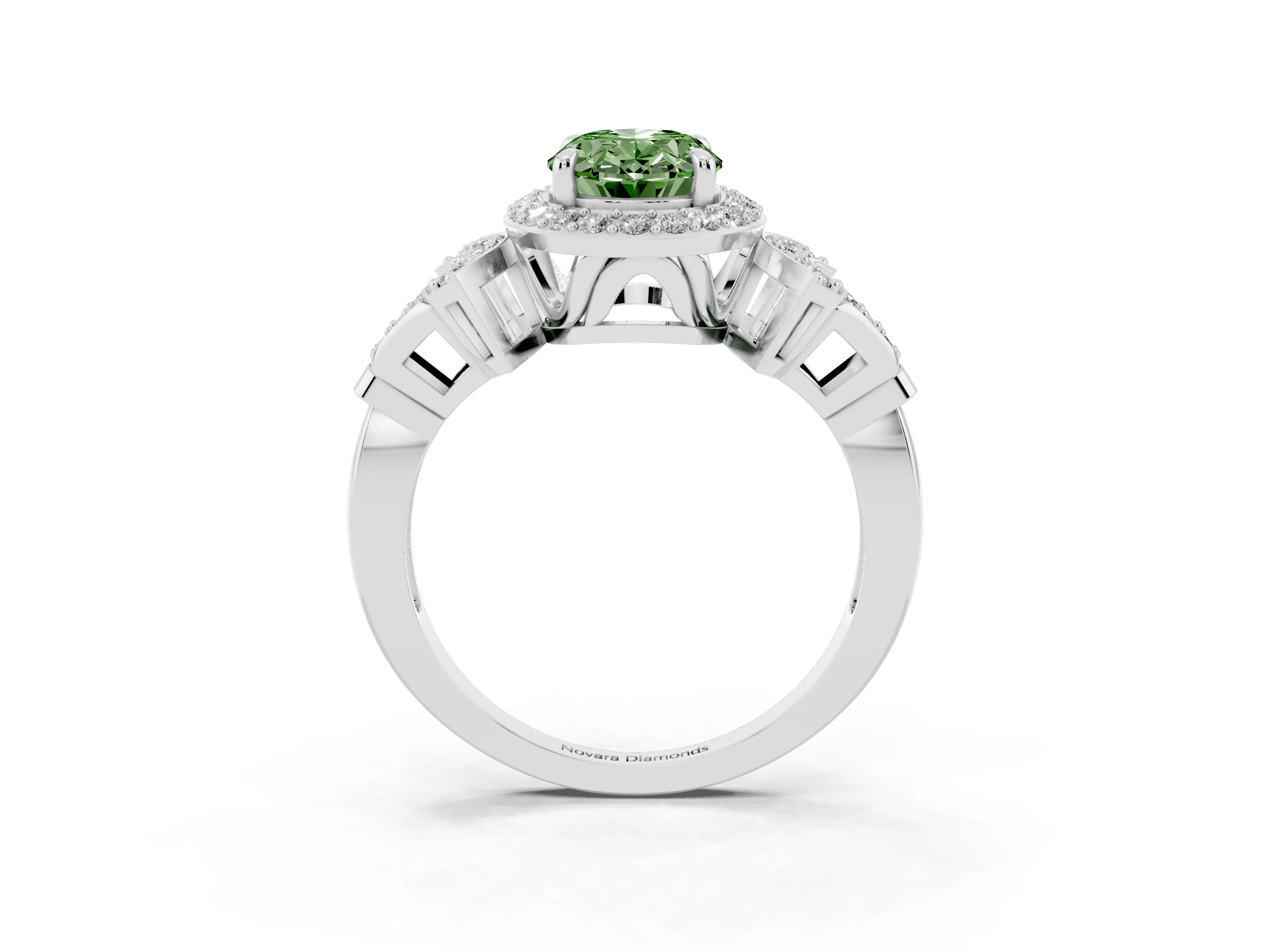Fancy Green Oval Cut Diamond Halo Engagement Ring Set in Platinum with Accent Stone Split Shank