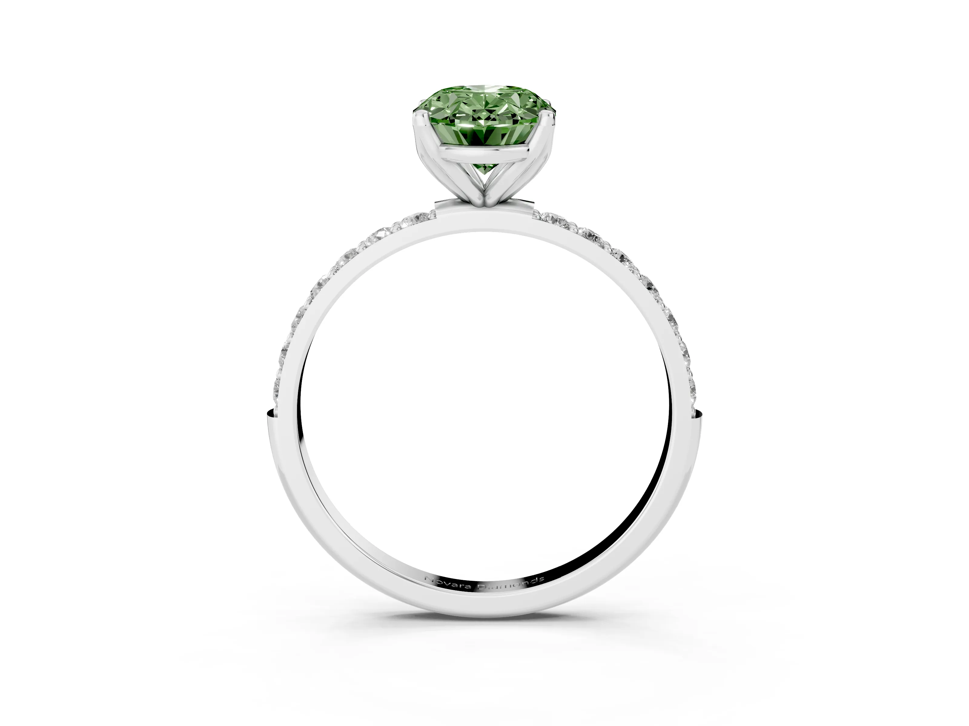 Fancy Green Oval Cut Diamond Solitaire Engagement Ring Set in White gold with Round Pavé Band and Prong Setting