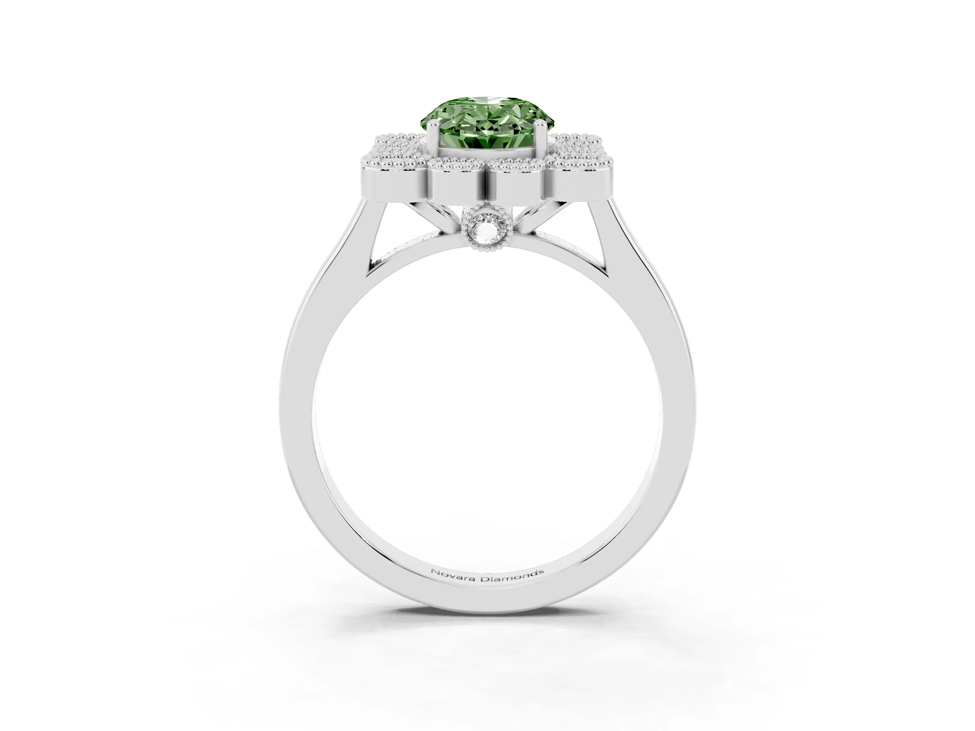 Fancy Green Oval Cut Diamond Cluster Halo Ring Set in White gold with Milgrain Bezel Accents and Plain Band