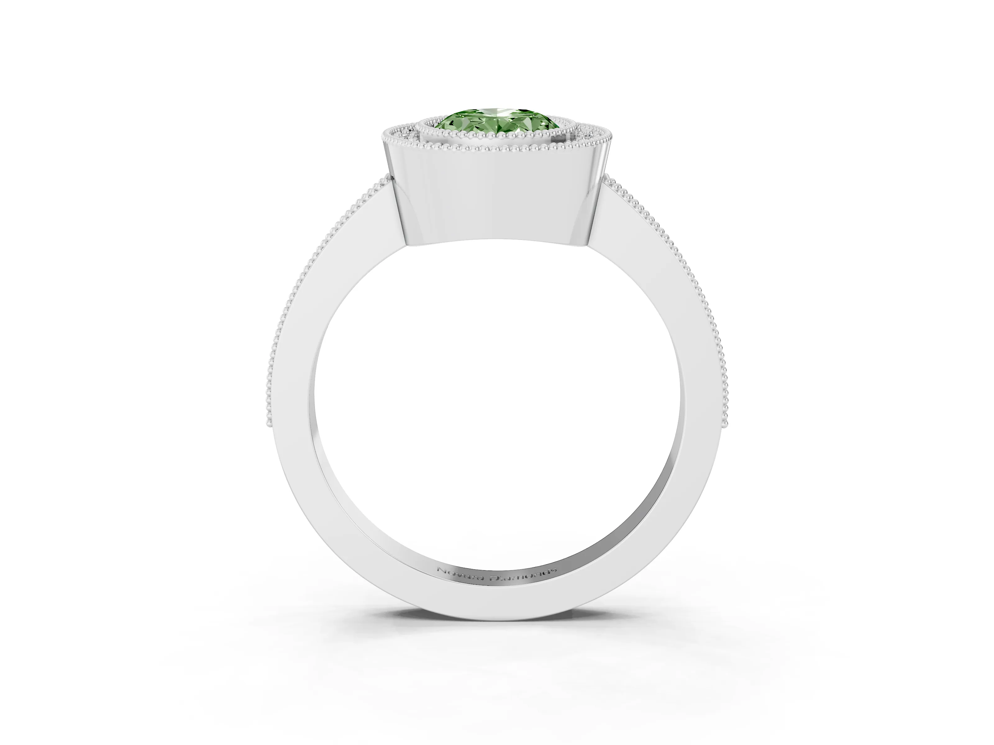 Fancy Green Oval Cut Diamond Halo Engagement Ring Set in White gold with Pavé Band and Round Halo Stones