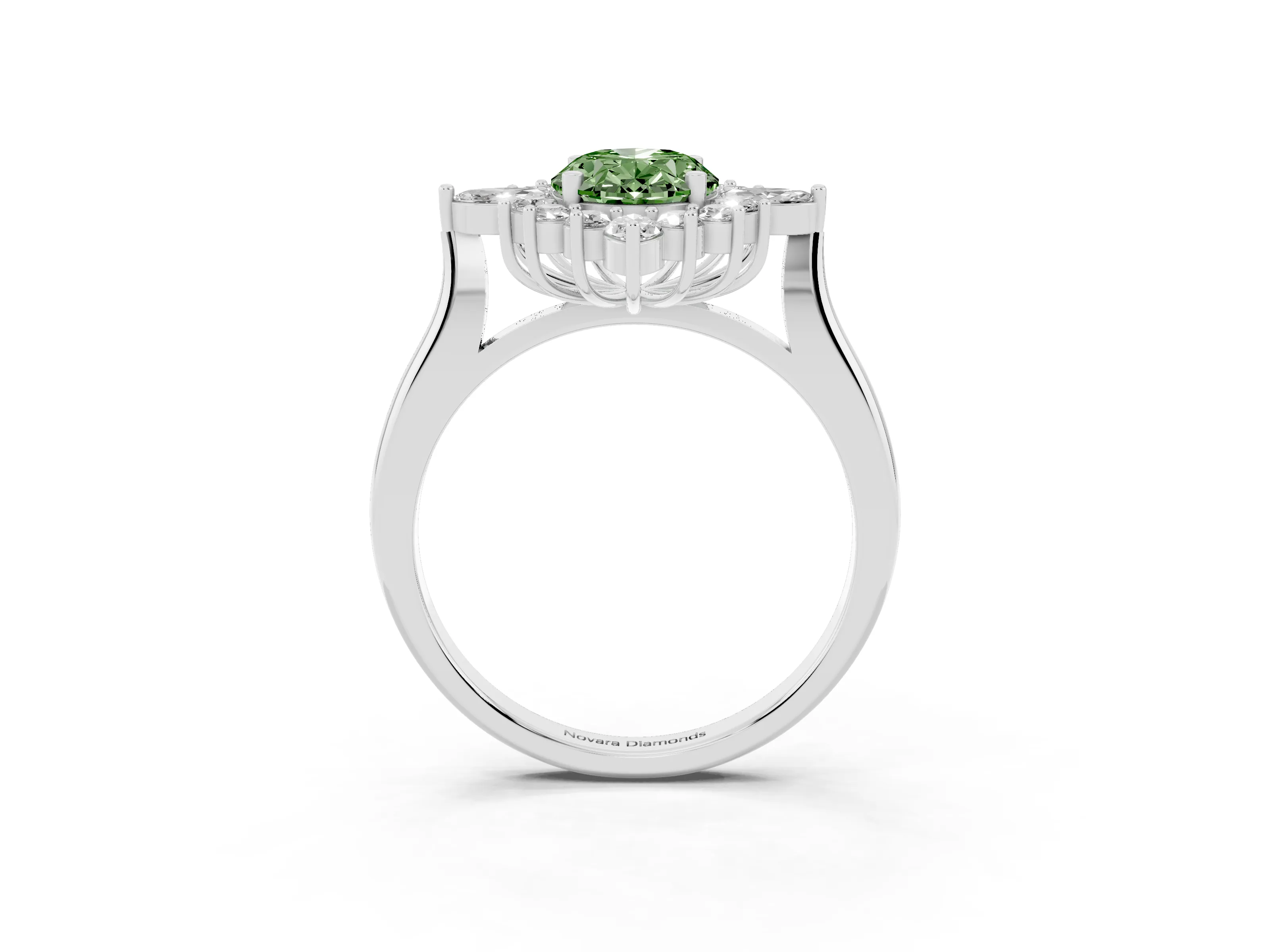 Fancy Green Oval Cut Diamond Cluster Halo Ring Set in White gold with Marquise and Round Accents