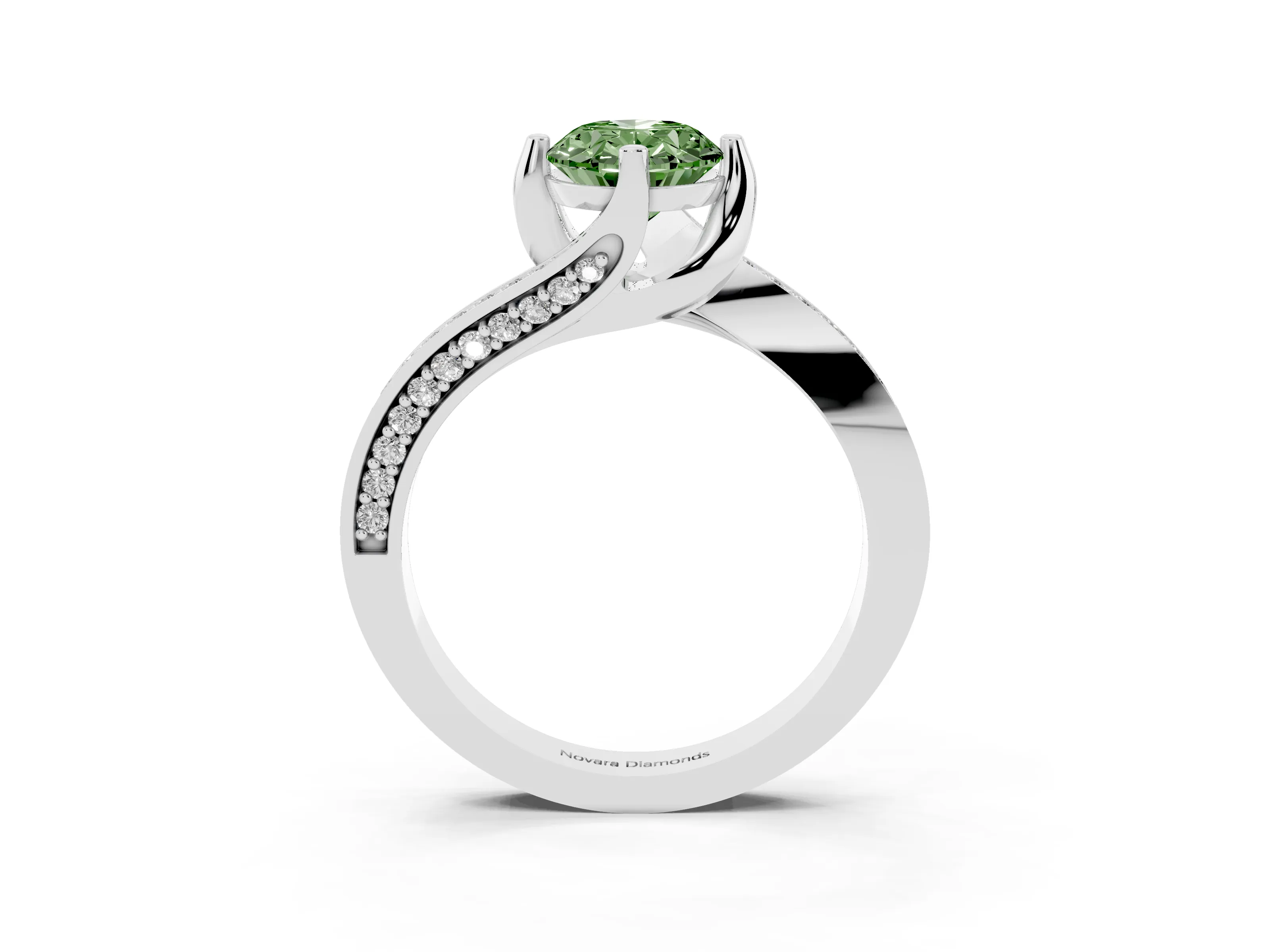 Fancy Green Oval Cut Diamond Solitaire Ring Set in Silver with Intertwined Pavé Twist Band