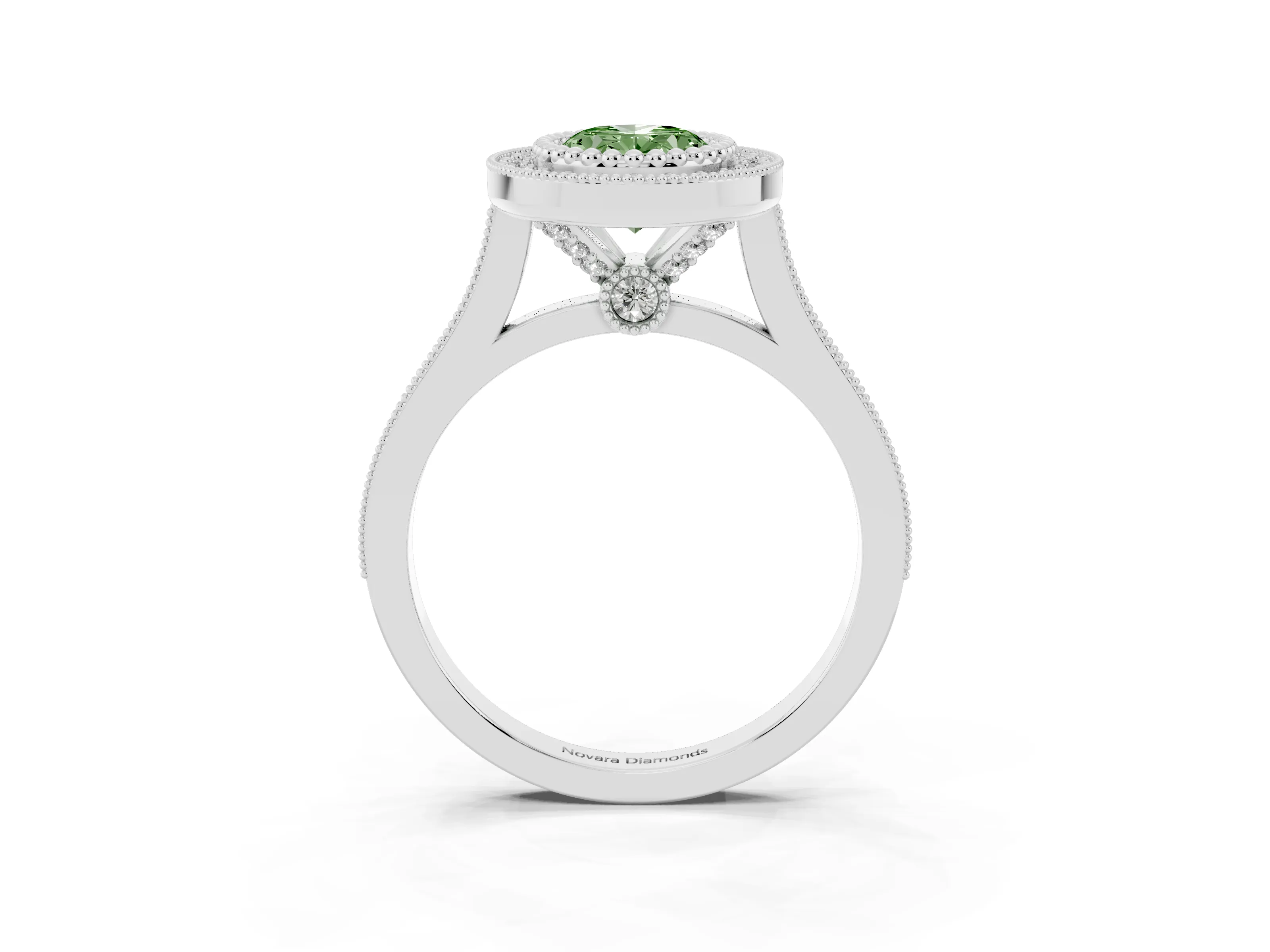Fancy Green Oval Cut Diamond Halo Ring Set in Silver with Milgrain Frame and Pavé Band