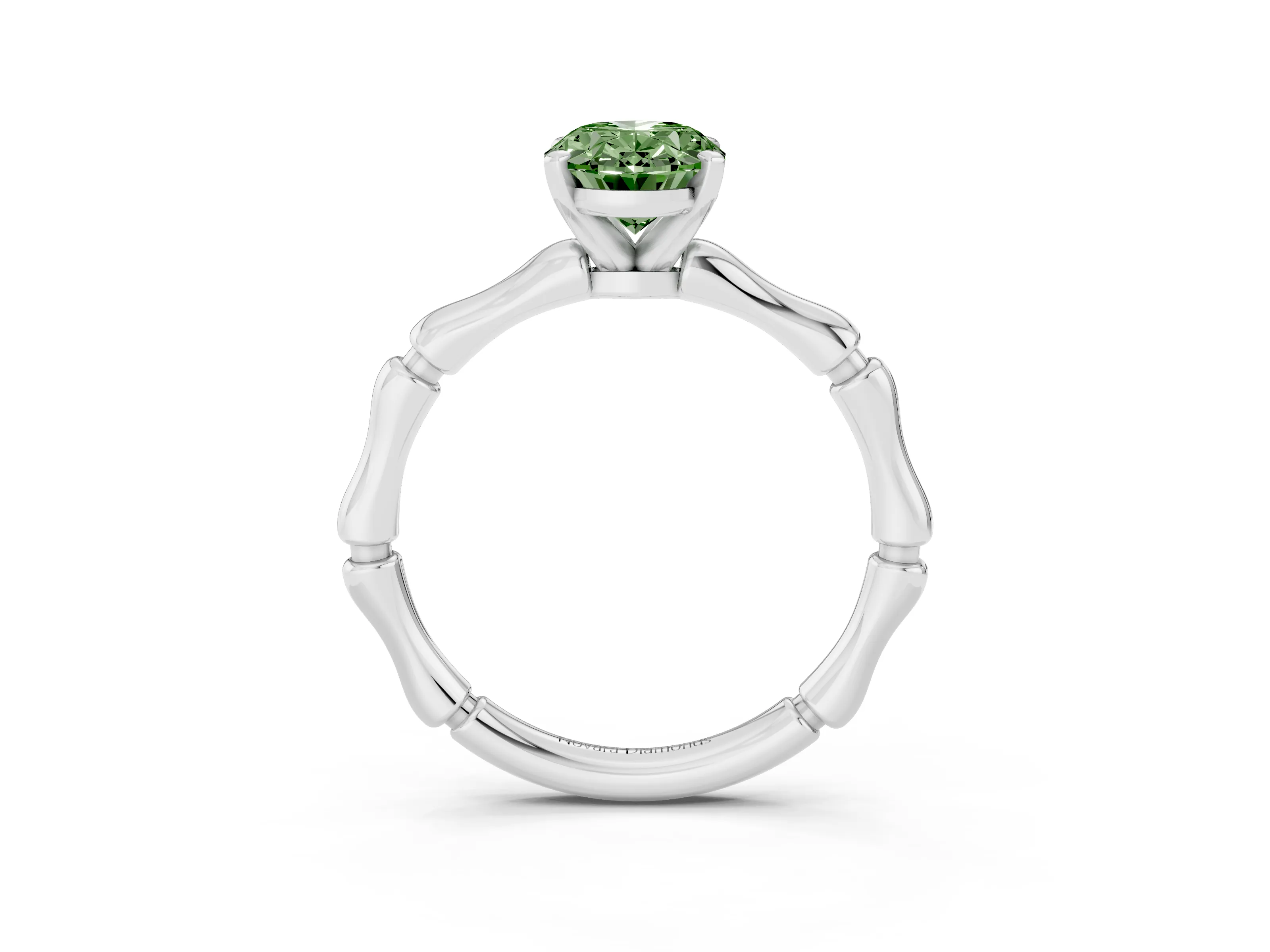 Fancy Green Oval Cut Diamond Solitaire Ring Set in Platinum with Bamboo Band and Prong Setting