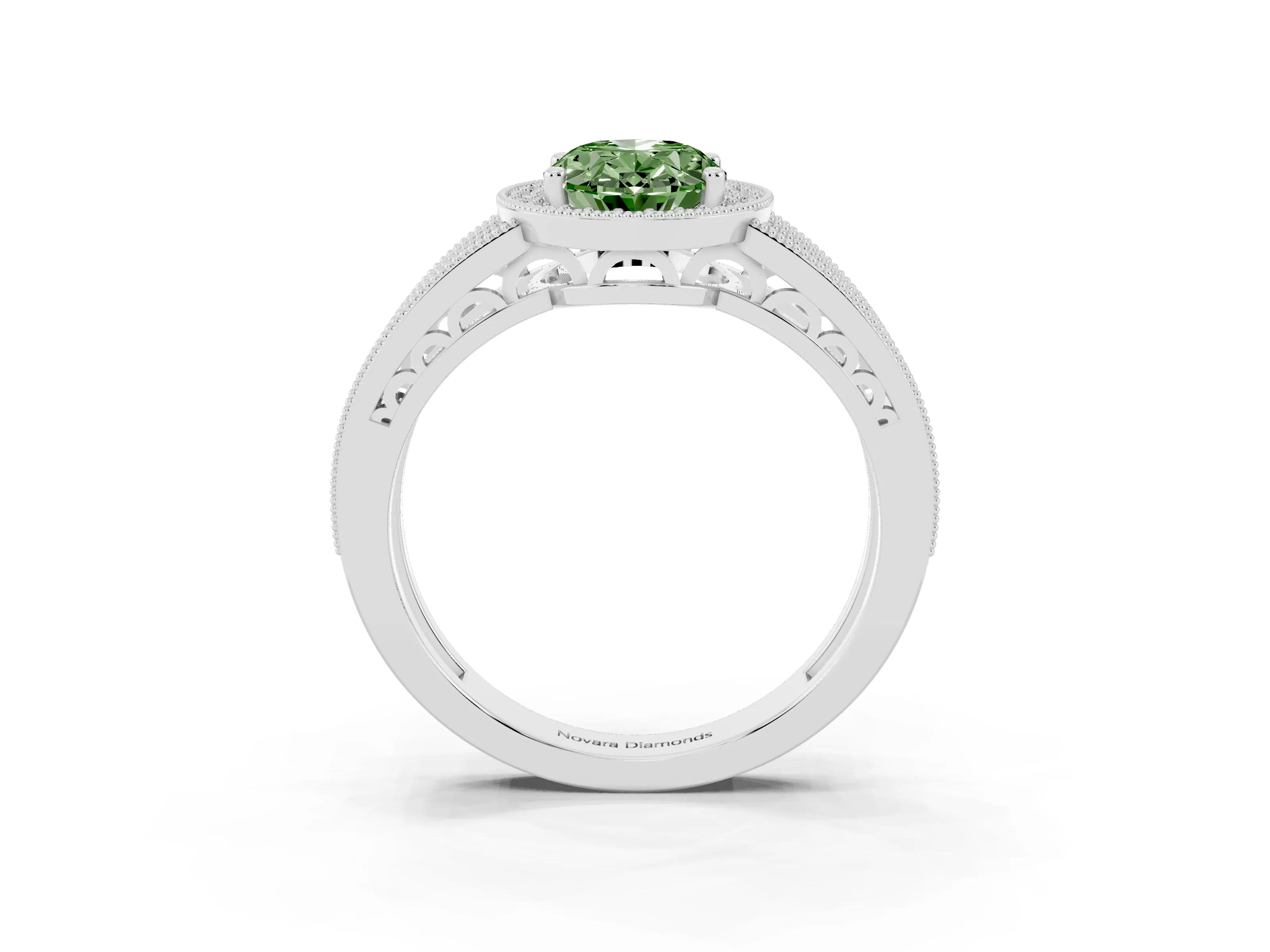 Fancy Green Oval Cut Diamond Halo Ring Set in White gold with Accent Split Shank and Prong Setting