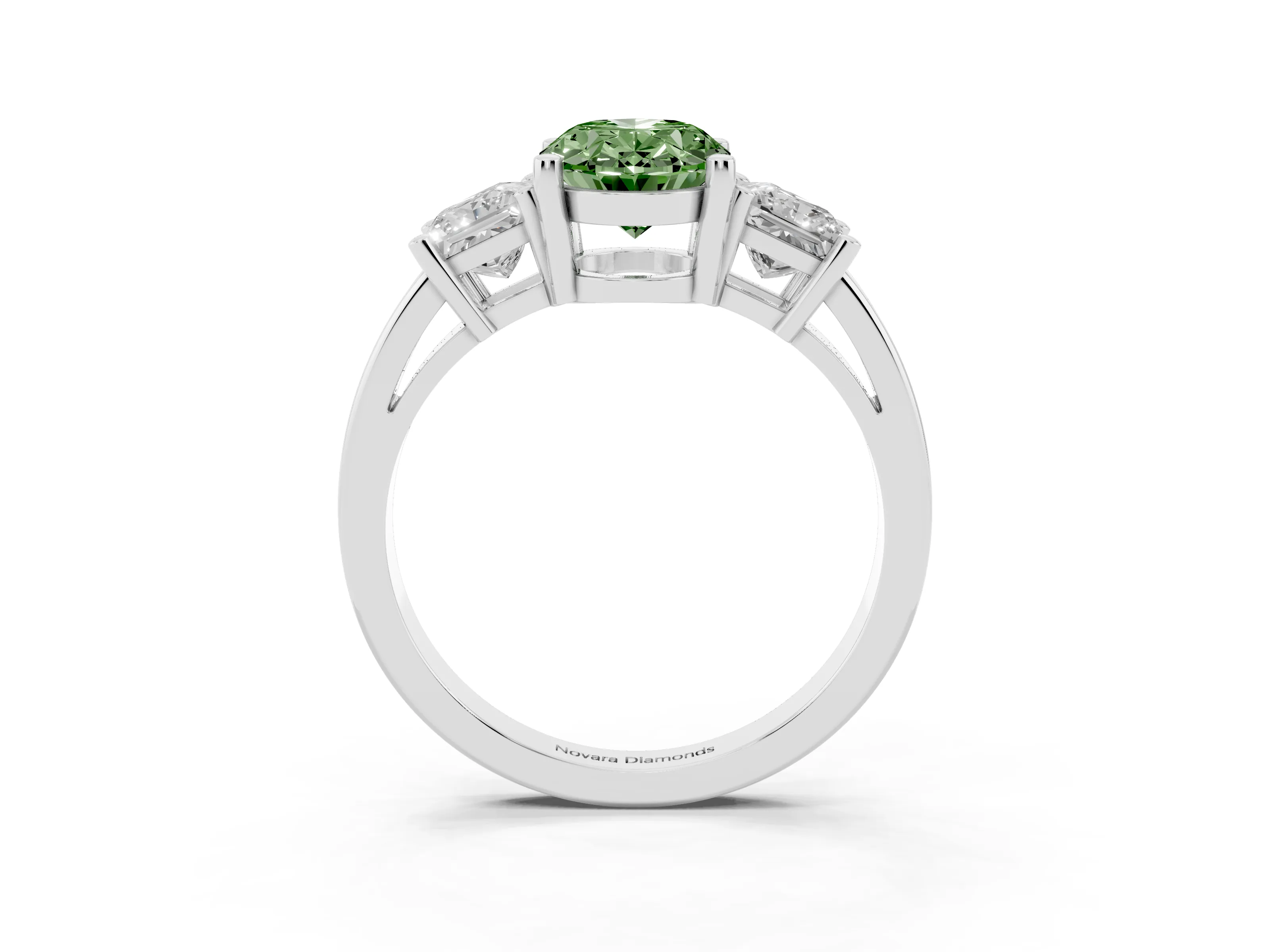Fancy Green Three-Stone Oval Cut Diamond Solitaire Ring Set in Platinum with Prong Setting