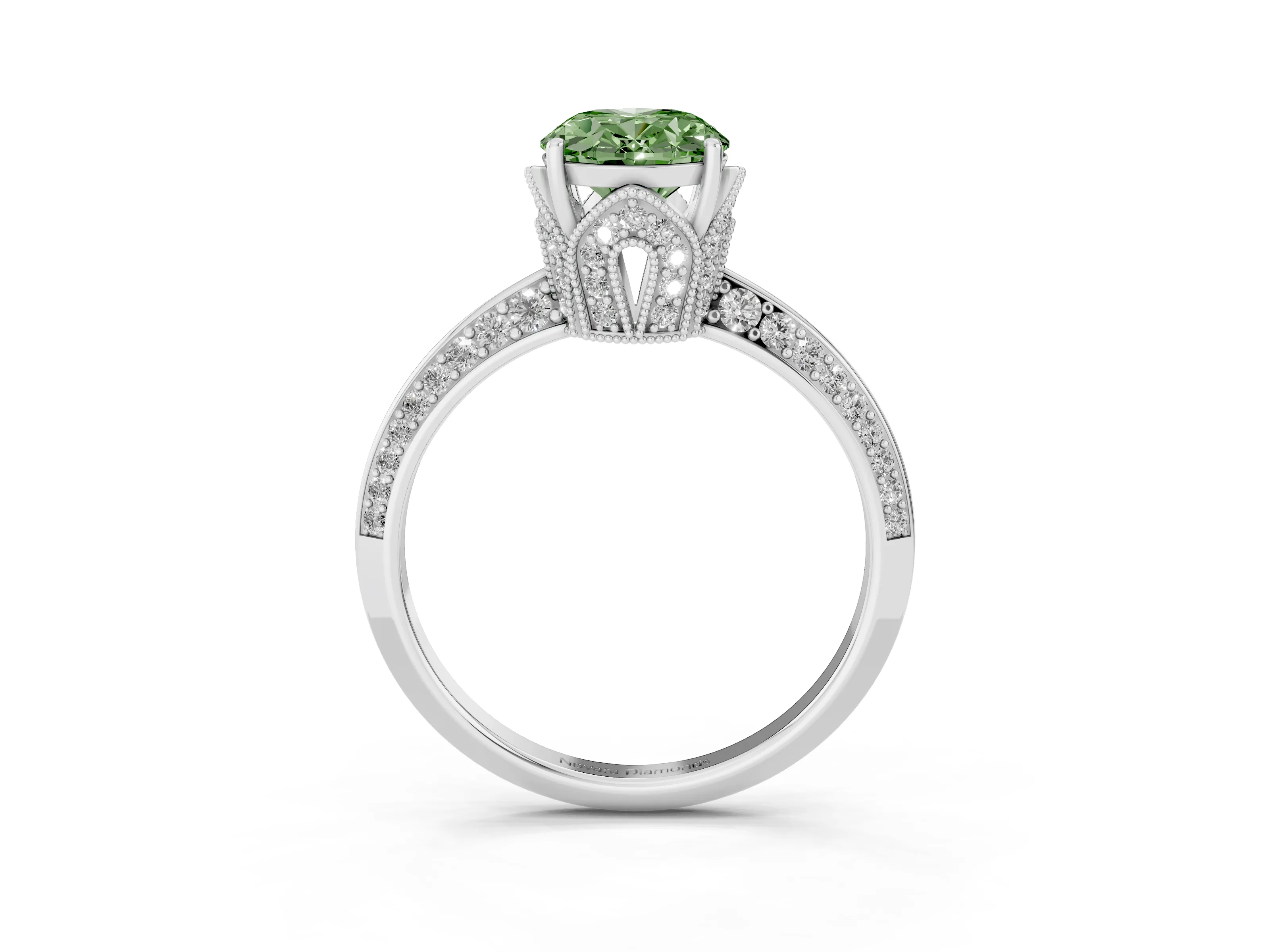 Fancy Green Oval Cut Diamond Solitaire Engagement Ring Set in Silver with Pavé Split Shank and Prong Setting