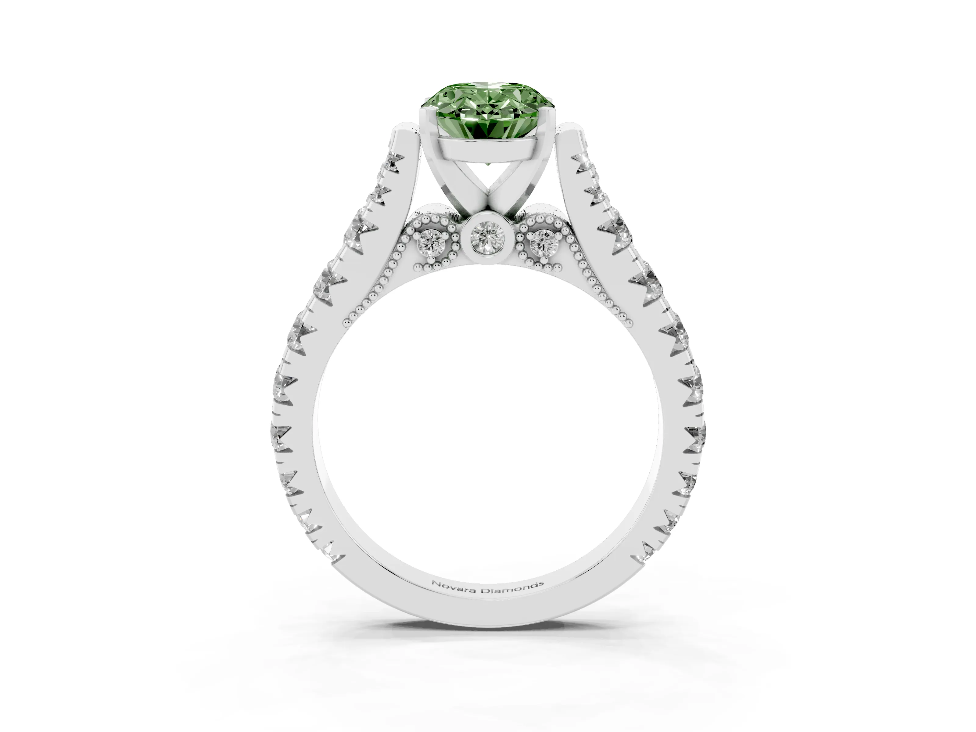 Fancy Green Oval Cut Diamond Classic Solitaire Ring Set in Platinum with Pavé Band and Prong Setting