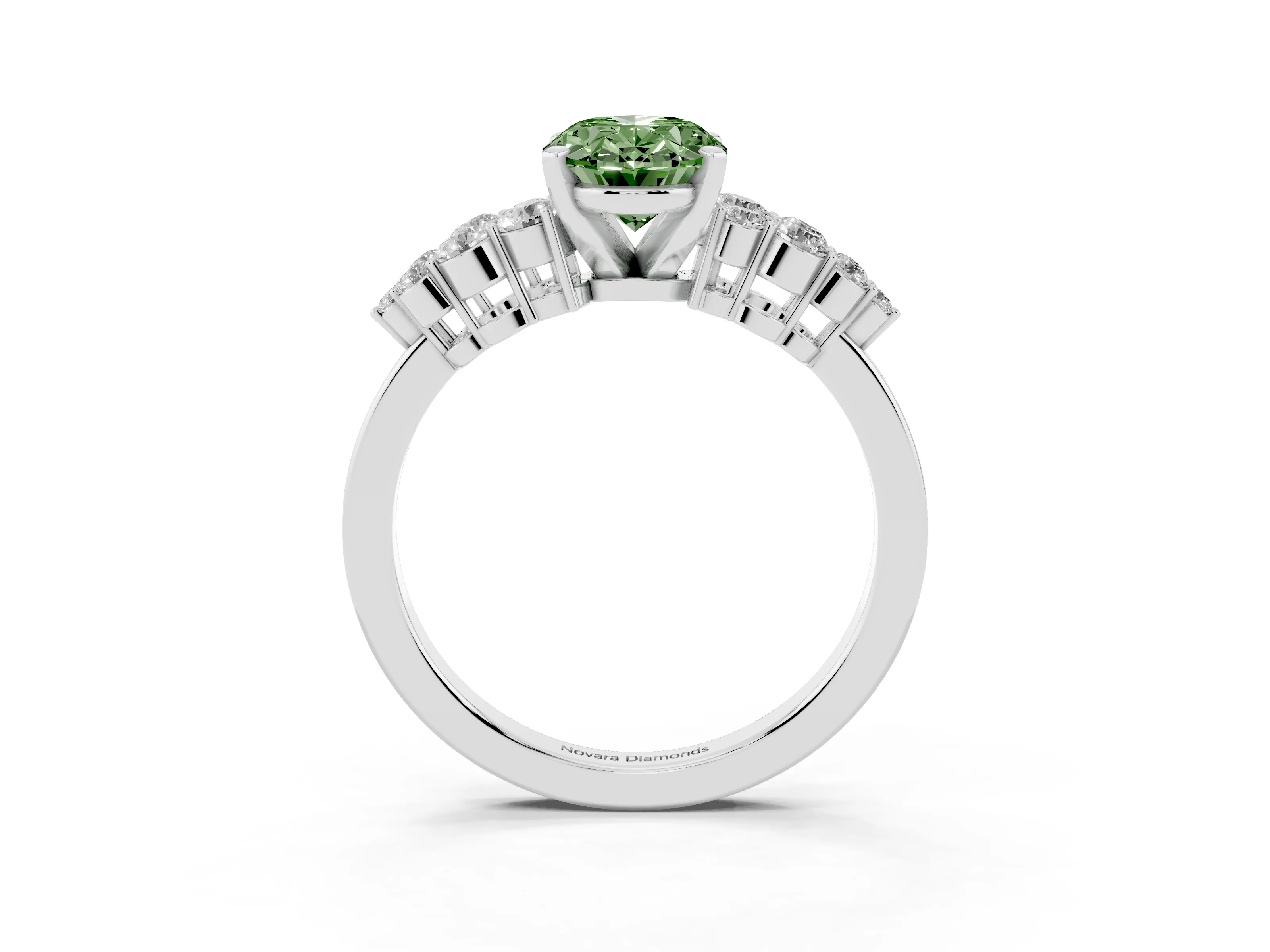 Fancy Green Oval Cut Diamond Cluster Engagement Ring Set in Platinum with Pavé Band and Prong Setting