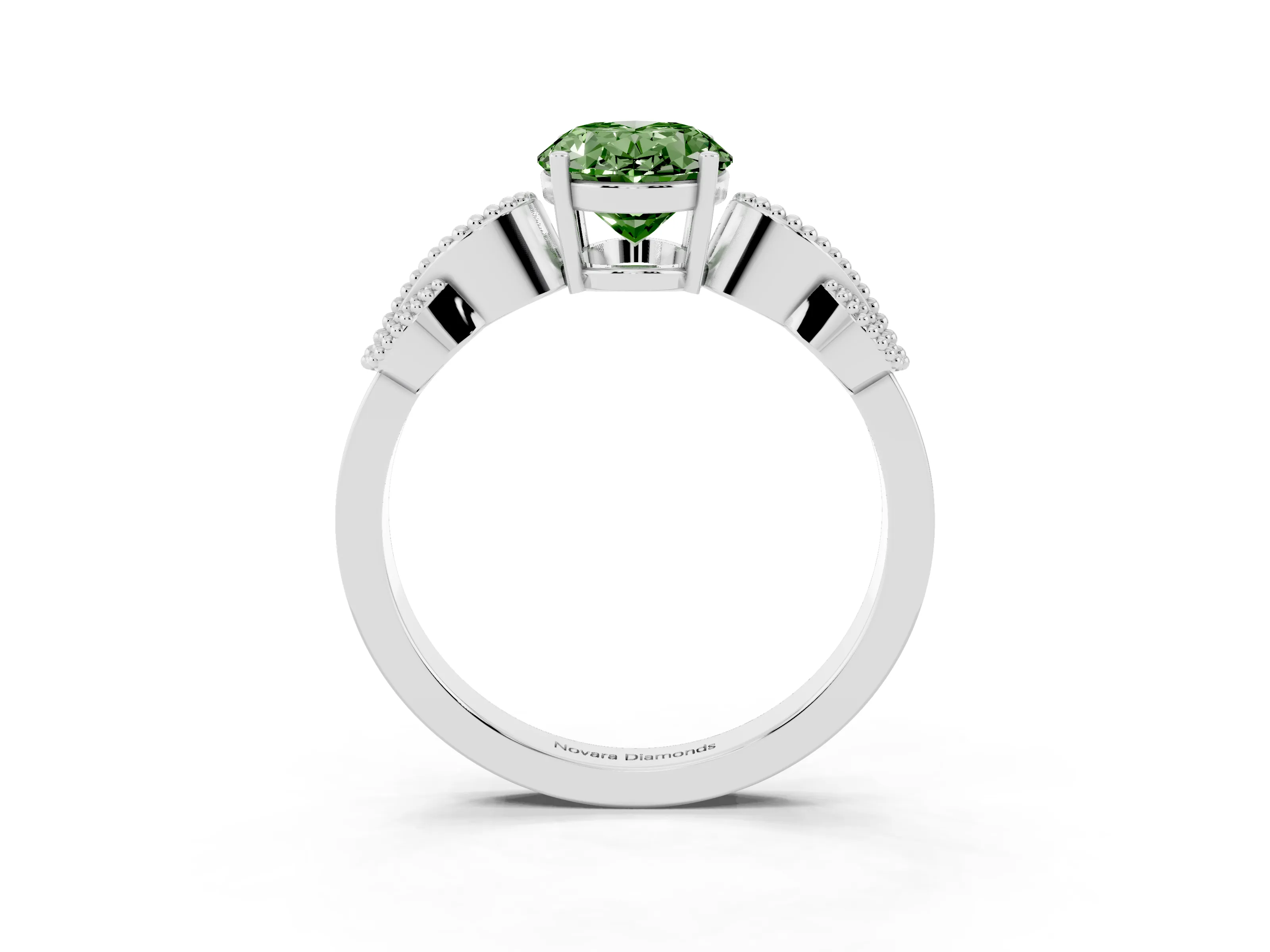 Fancy Green Oval Cut Diamond Milgrain Leaf Band Solitaire Ring Set in Platinum with Accent Stones and Prong Setting