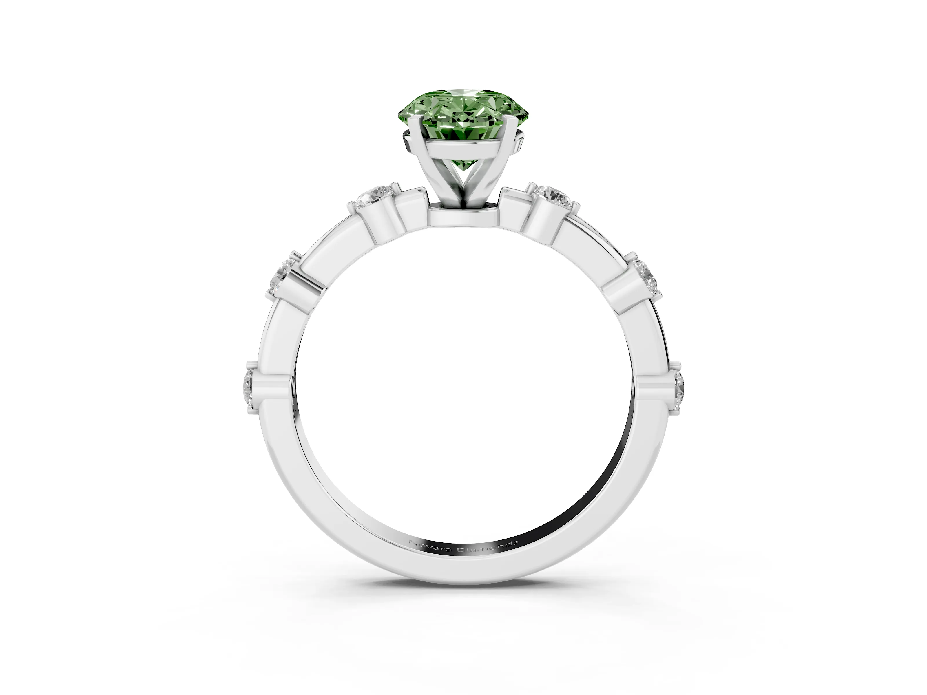 Fancy Green Oval Cut Diamond Solitaire Ring Set in Silver with Bezel Set Side Stones and Prong Setting