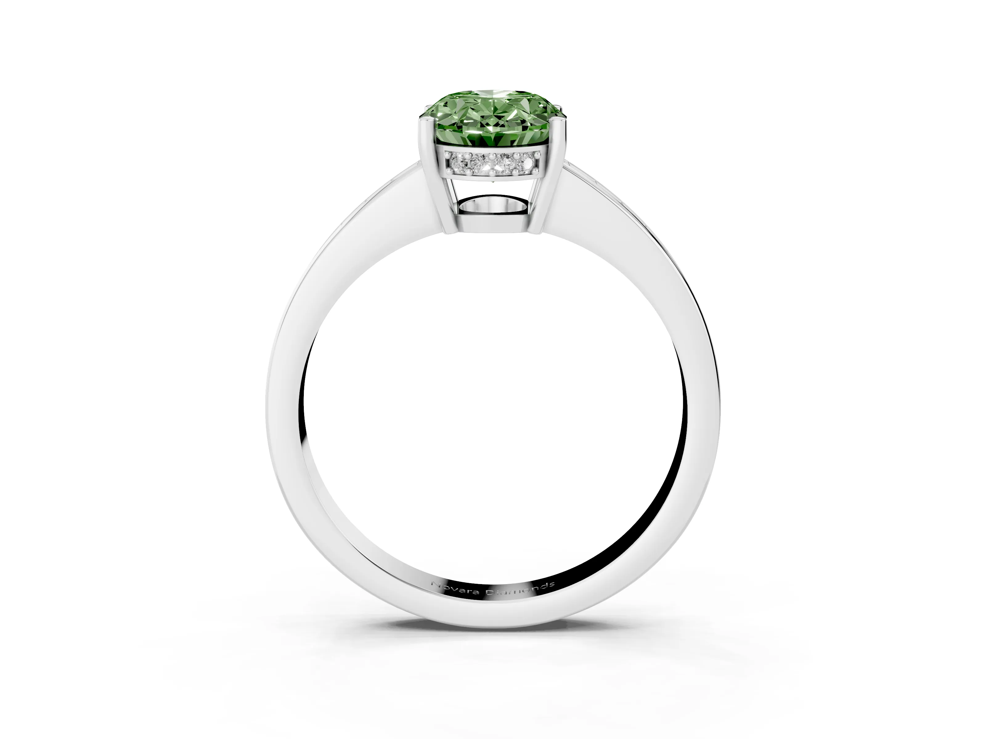 Fancy Green Oval Cut Diamond Pavé Band Prong Set Solitaire Ring Set in Platinum