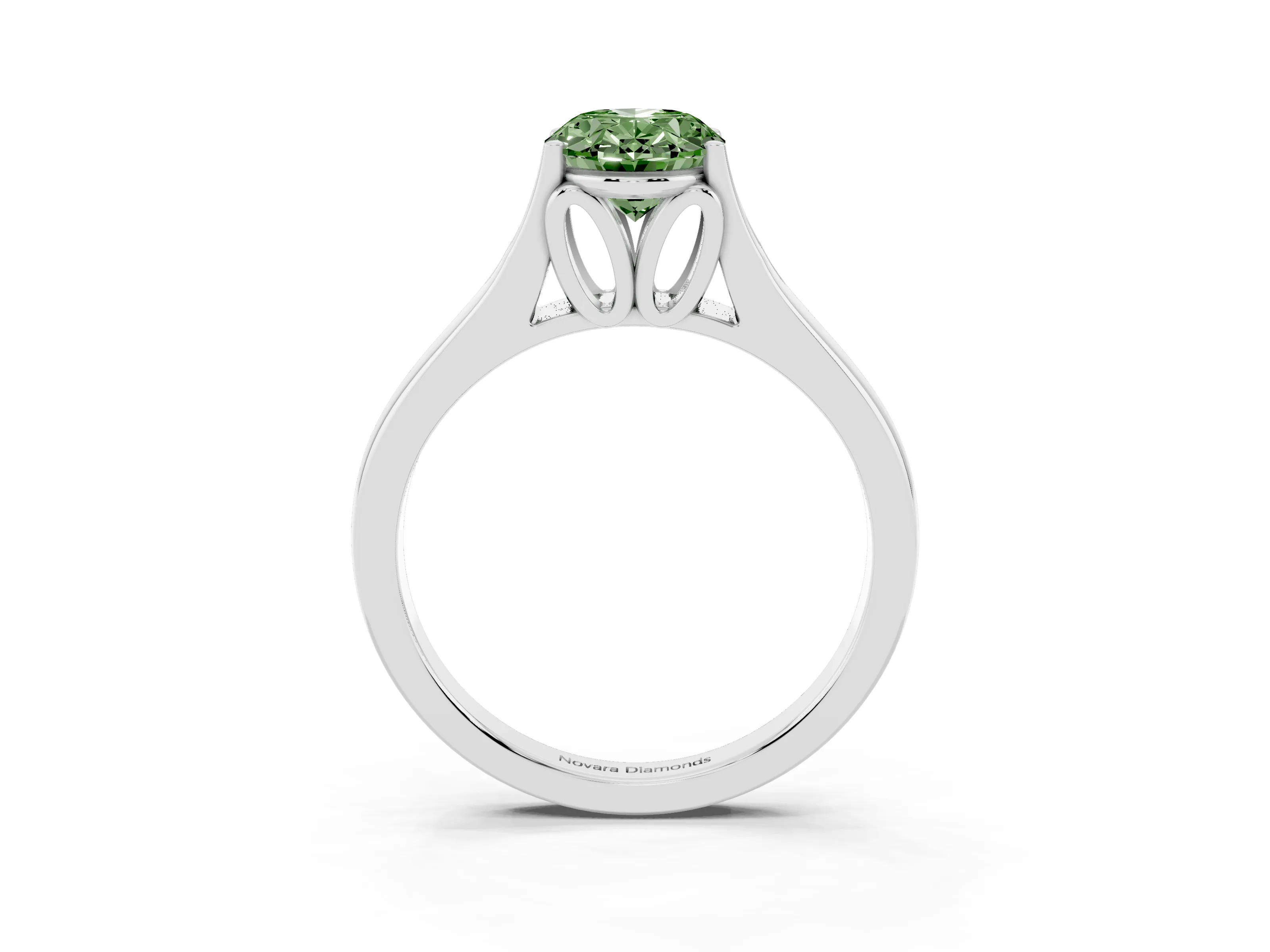Fancy Green Oval Cut Diamond Solitaire Ring Set in White gold with Arched Cathedral Band and Prong Setting