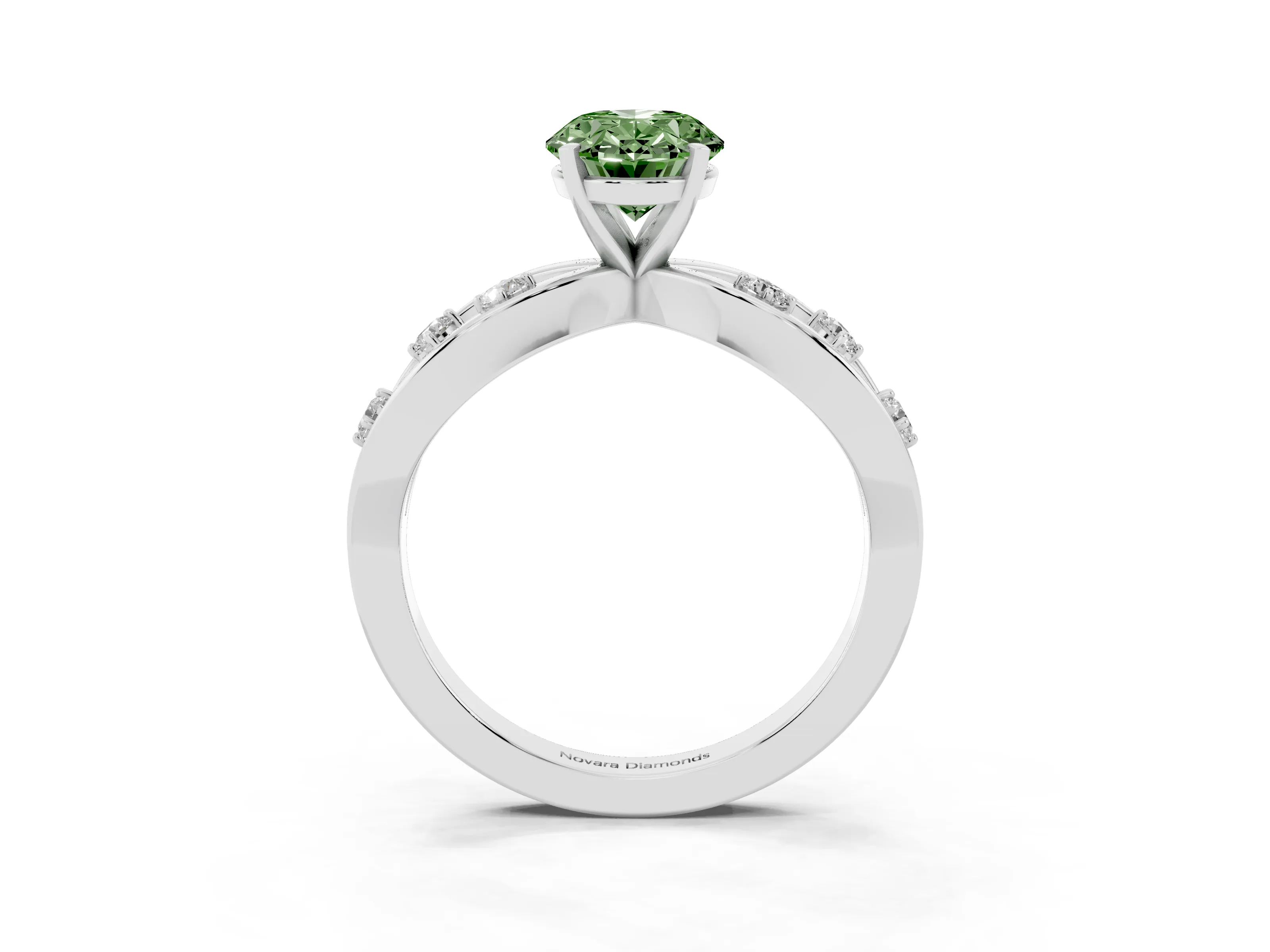 Fancy Green Oval Cut Diamond Solitaire Ring Set in Silver with Side Stones on Criss-Cross Band and Prong Setting