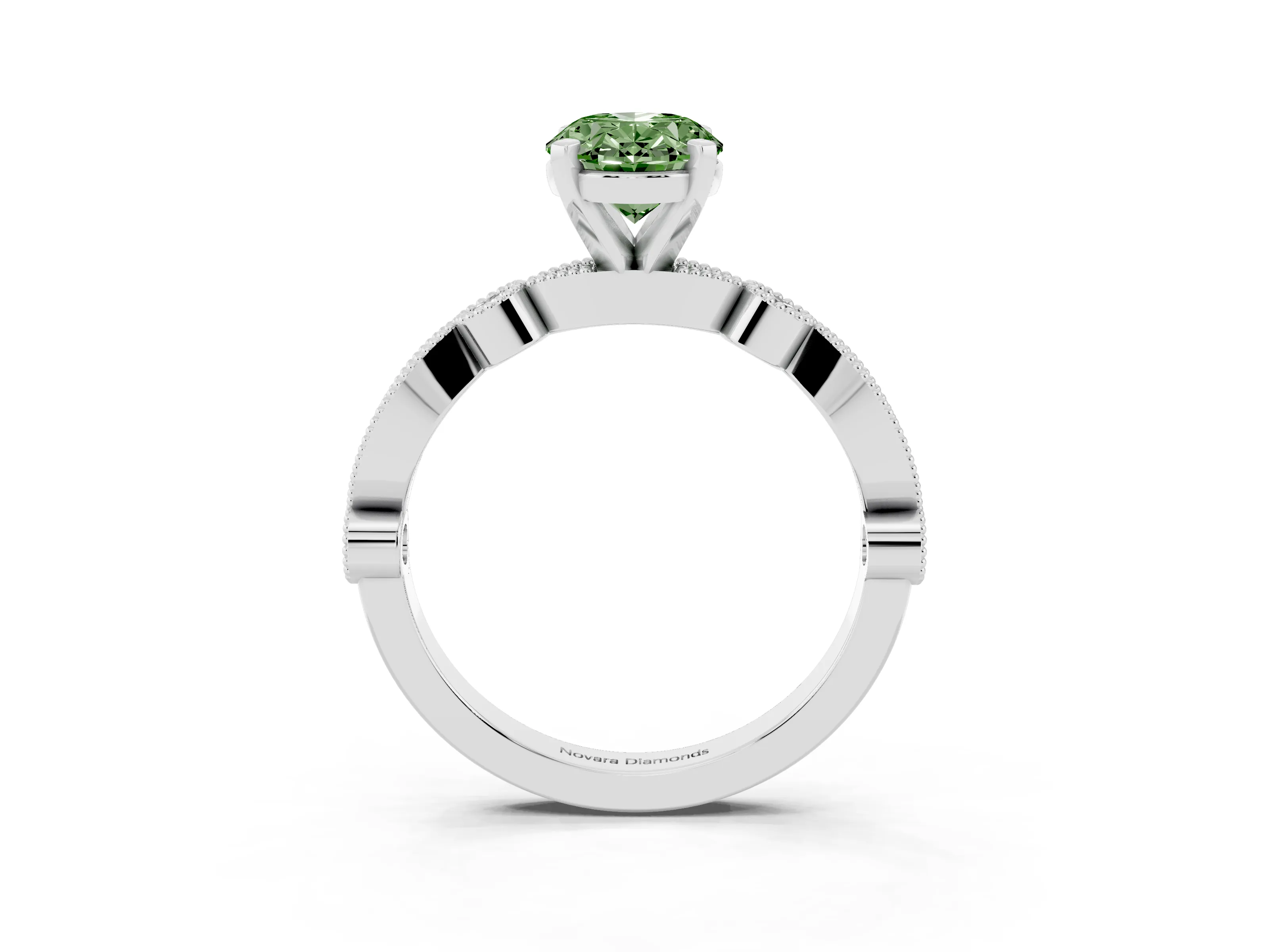 Fancy Green Oval Cut Diamond Solitaire Engagement Ring Set in Silver with Milgrain Bezel Accent Band