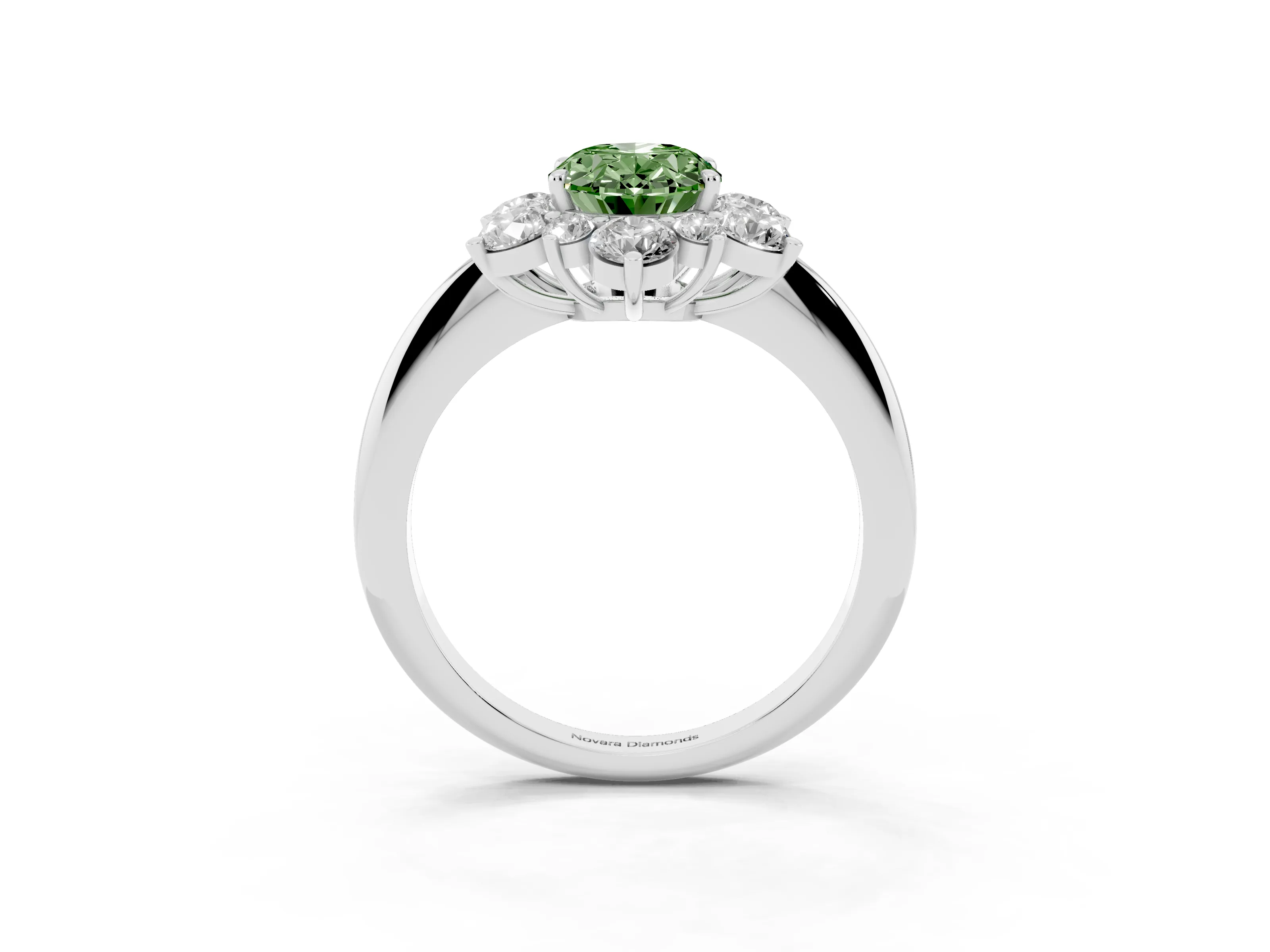 Fancy Green Oval Cut Diamond Cluster Halo Ring Set in Silver with Solitaire Band and Prong Setting