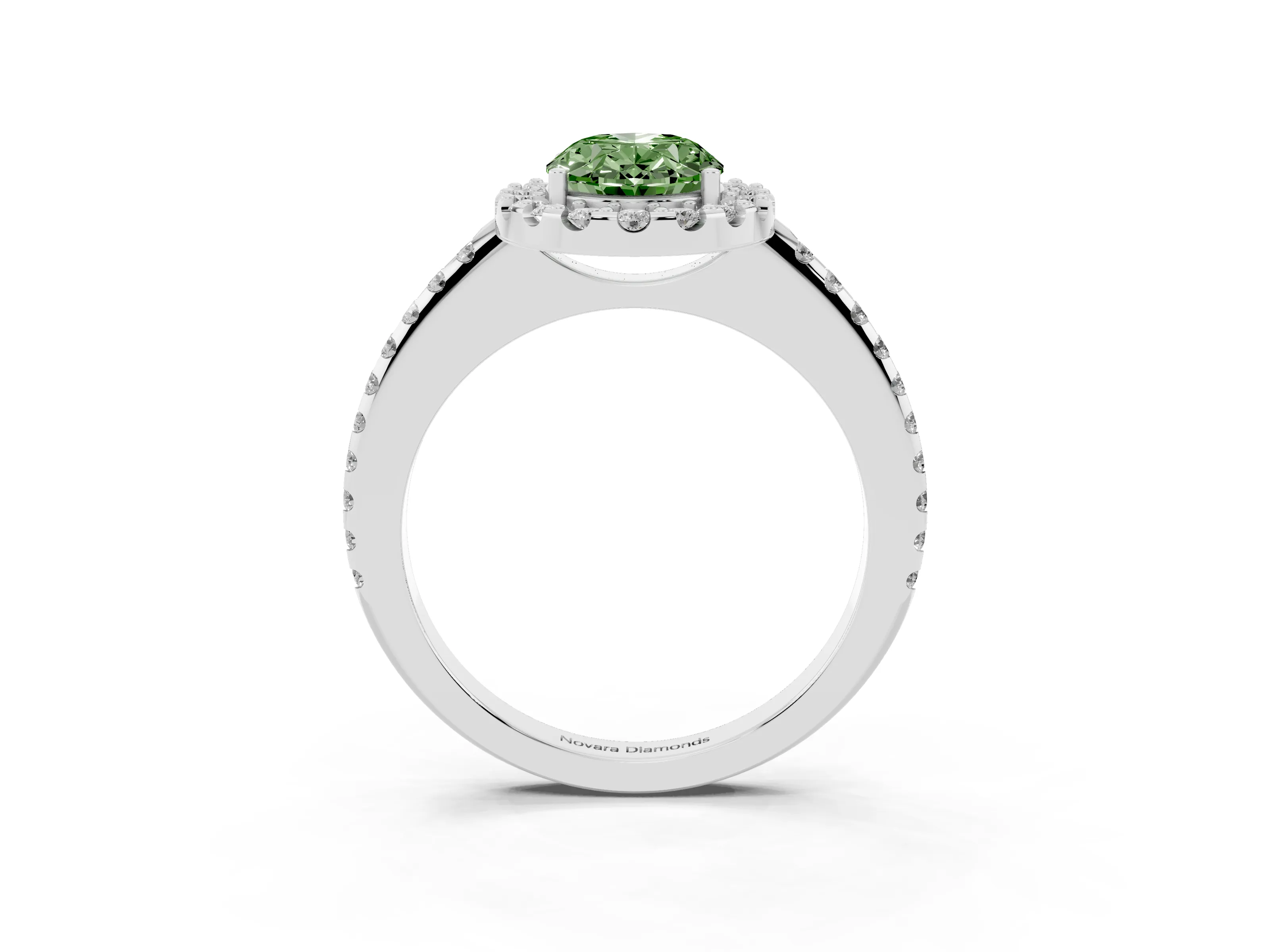 Fancy Green Oval Cut Diamond Pavé Halo Ring Set in Silver with Prong Setting